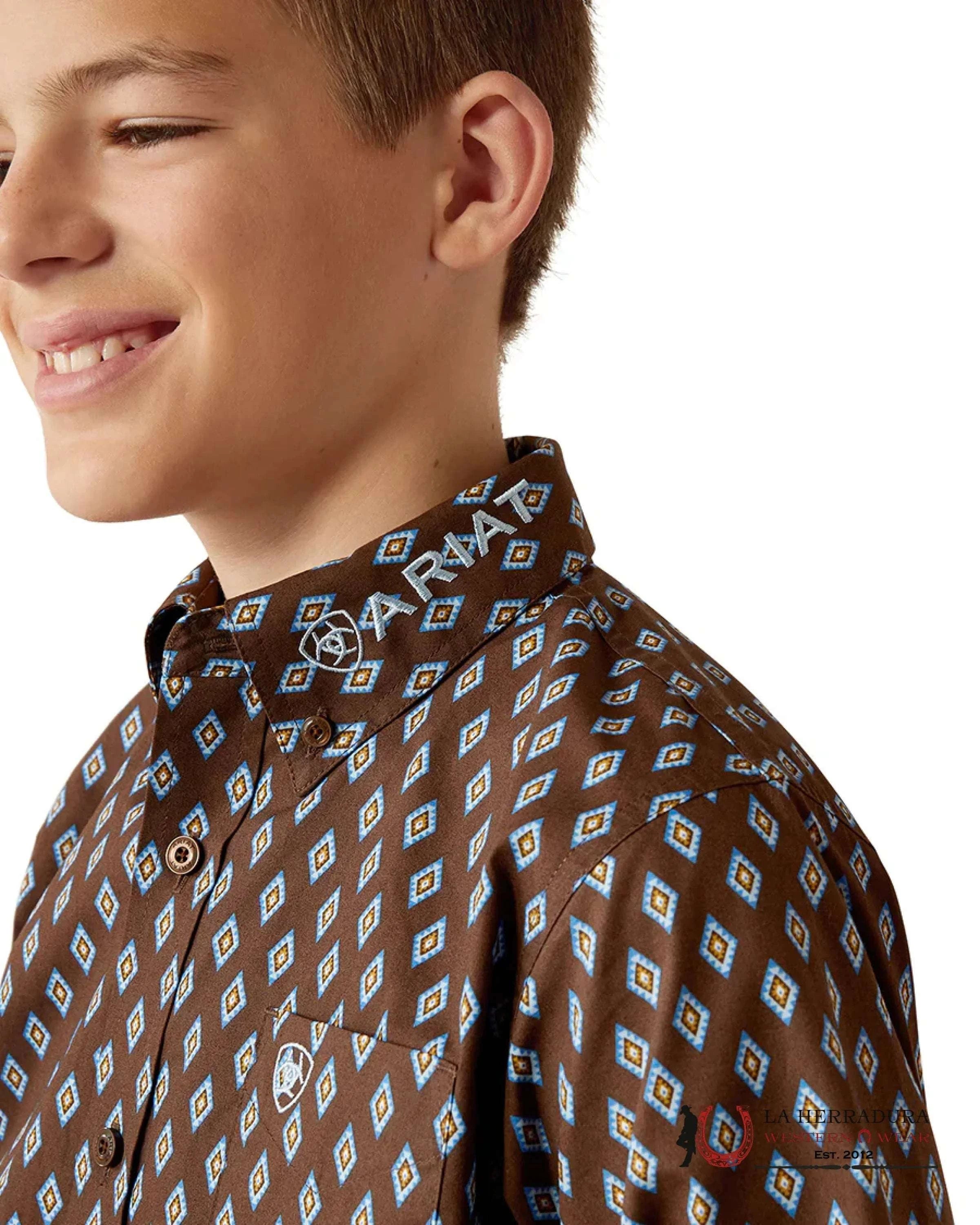 ARIAT KIDS SHIRT -BOYS BROWN/LIGHT BLUE TEAM OAK LS 10054069 NIÑOS