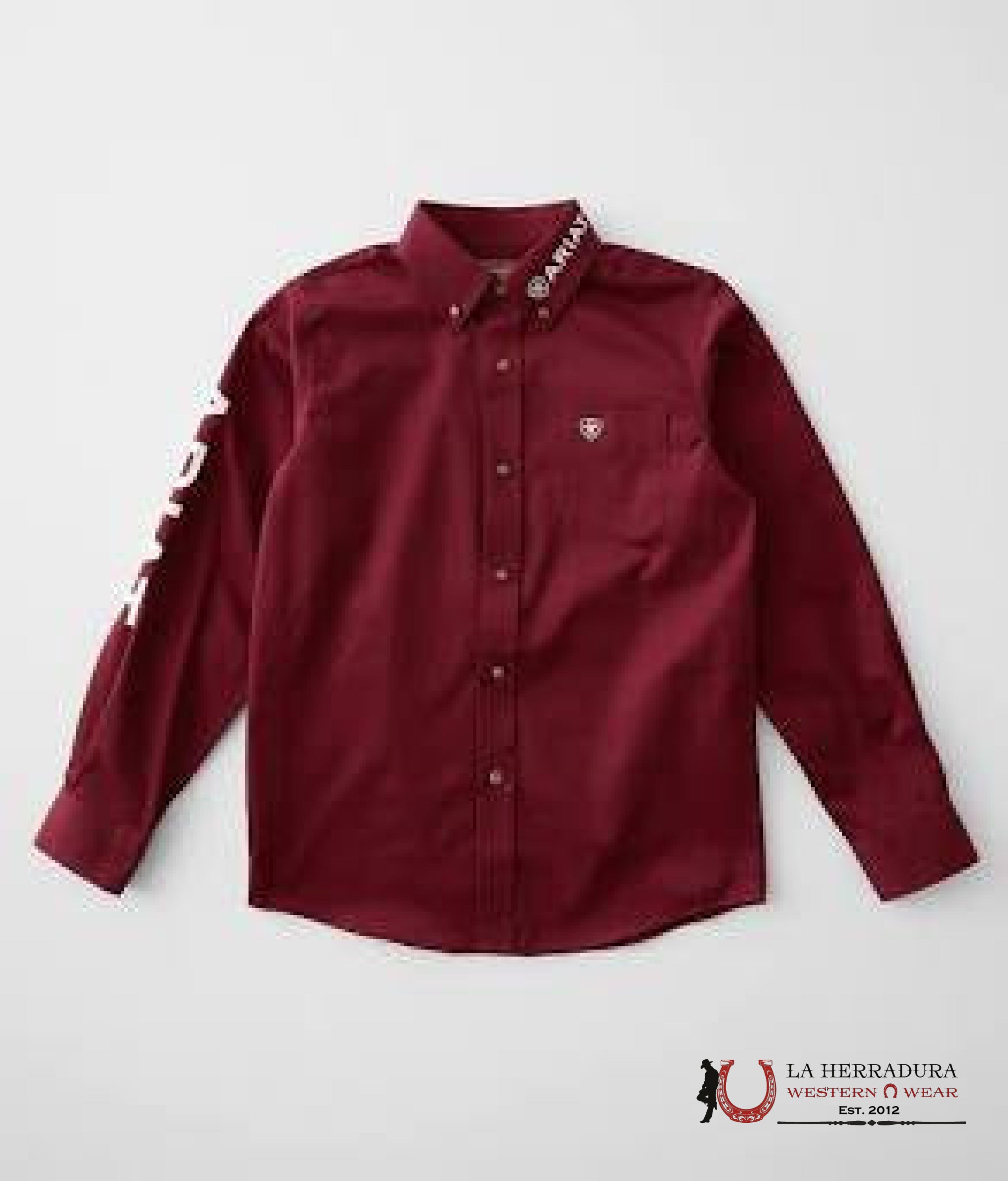 ARIAT KIDS SHIRT -BOYS BURGUNDY/WHITE TEAM LOGO TWILL LS 10030163 NIÑOS