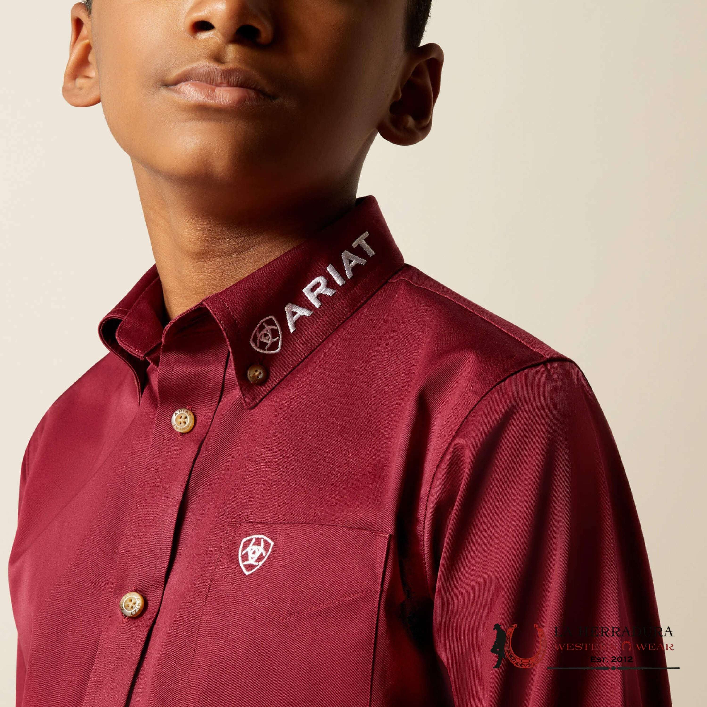 ARIAT KIDS SHIRT -BOYS BURGUNDY/WHITE TEAM LOGO TWILL LS 10030163 NIÑOS