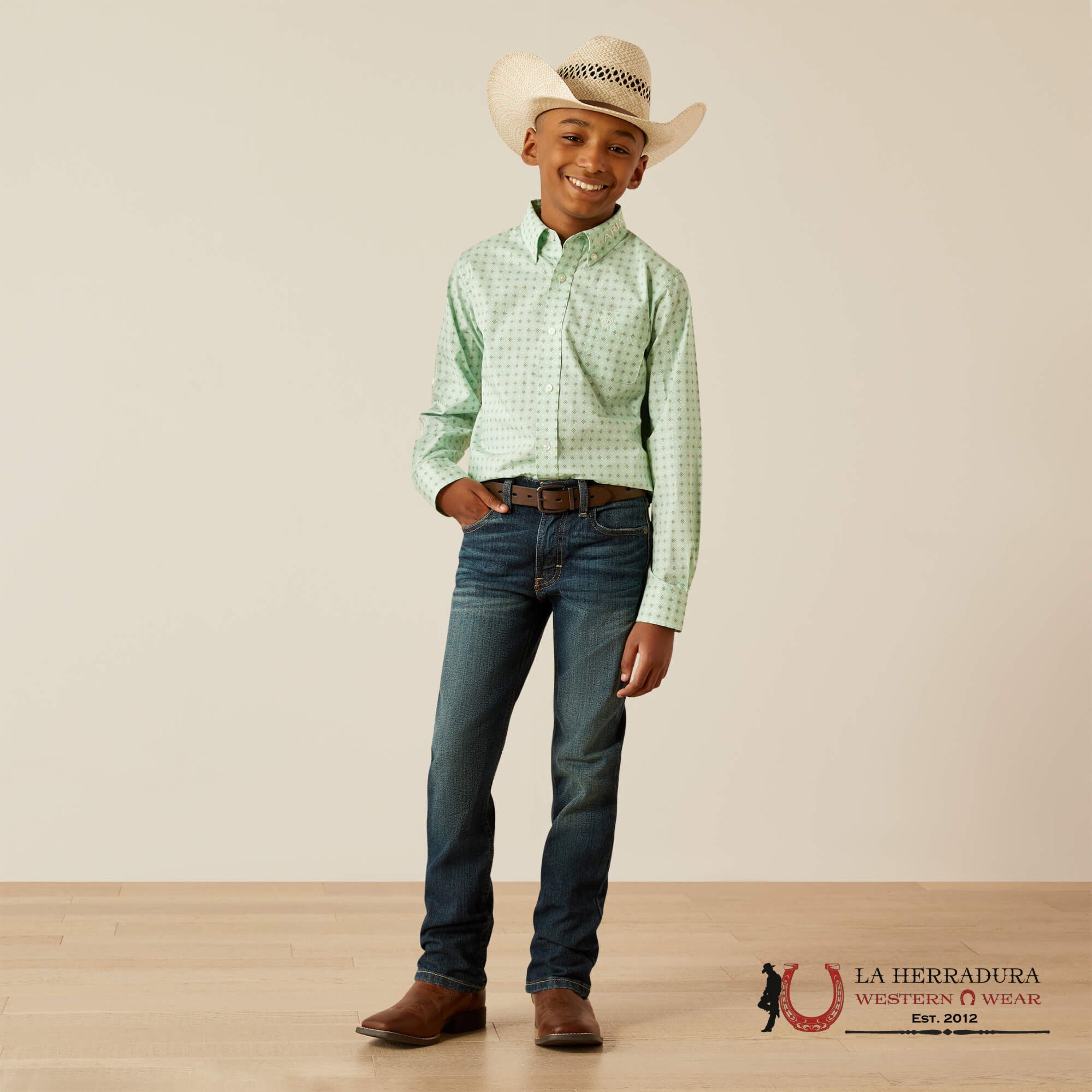 ARIAT KIDS SHIRT -LIGHT GREEN/WHITE TEAM PIERSON LS 10054795 NIÑOS