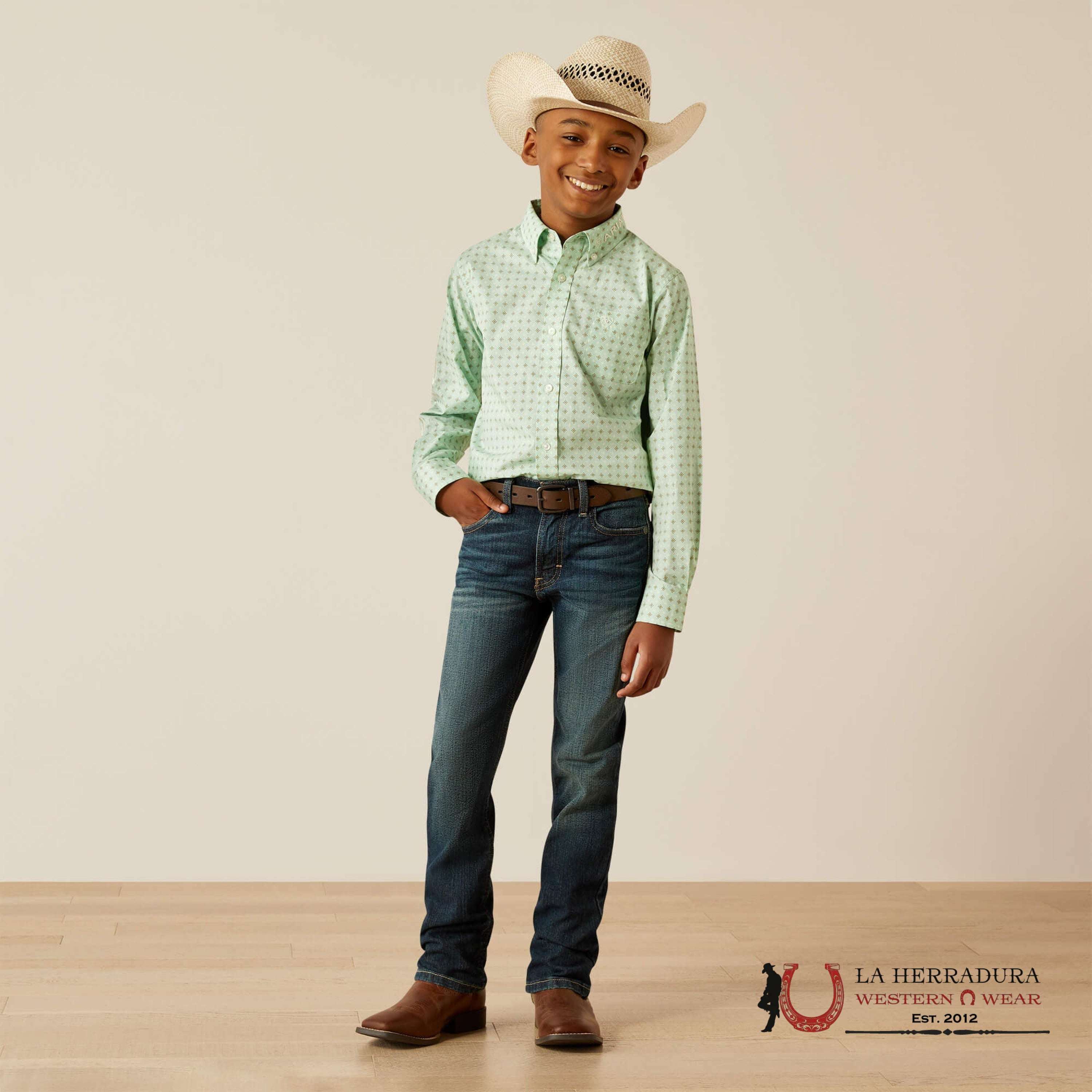 ARIAT KIDS SHIRT -LIGHT GREEN/WHITE TEAM PIERSON LS 10054795 NIÑOS