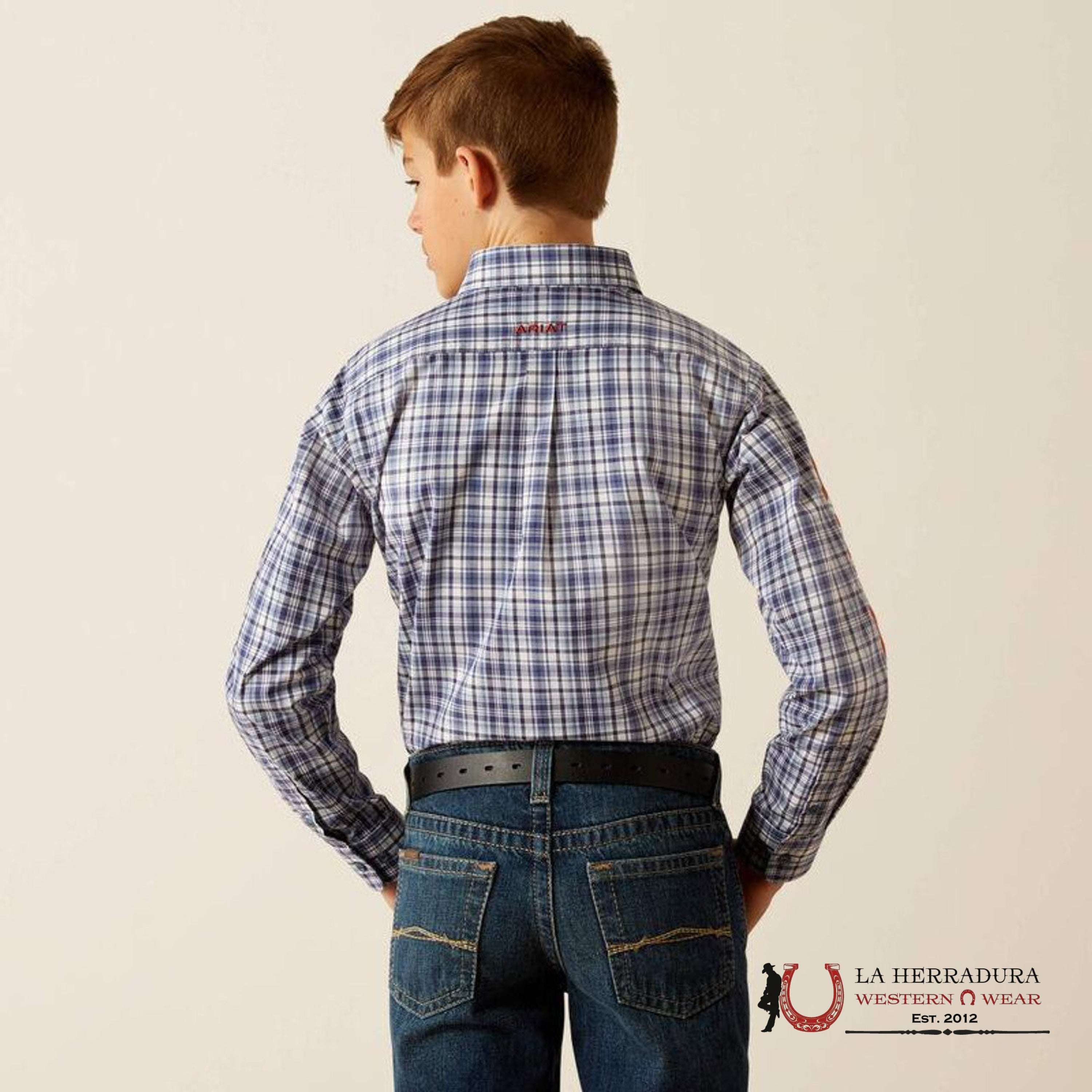 ARIAT KIDS SHIRT -NAVY/ORANGE PRO TEAM ORION LS 10054068 NIÑOS