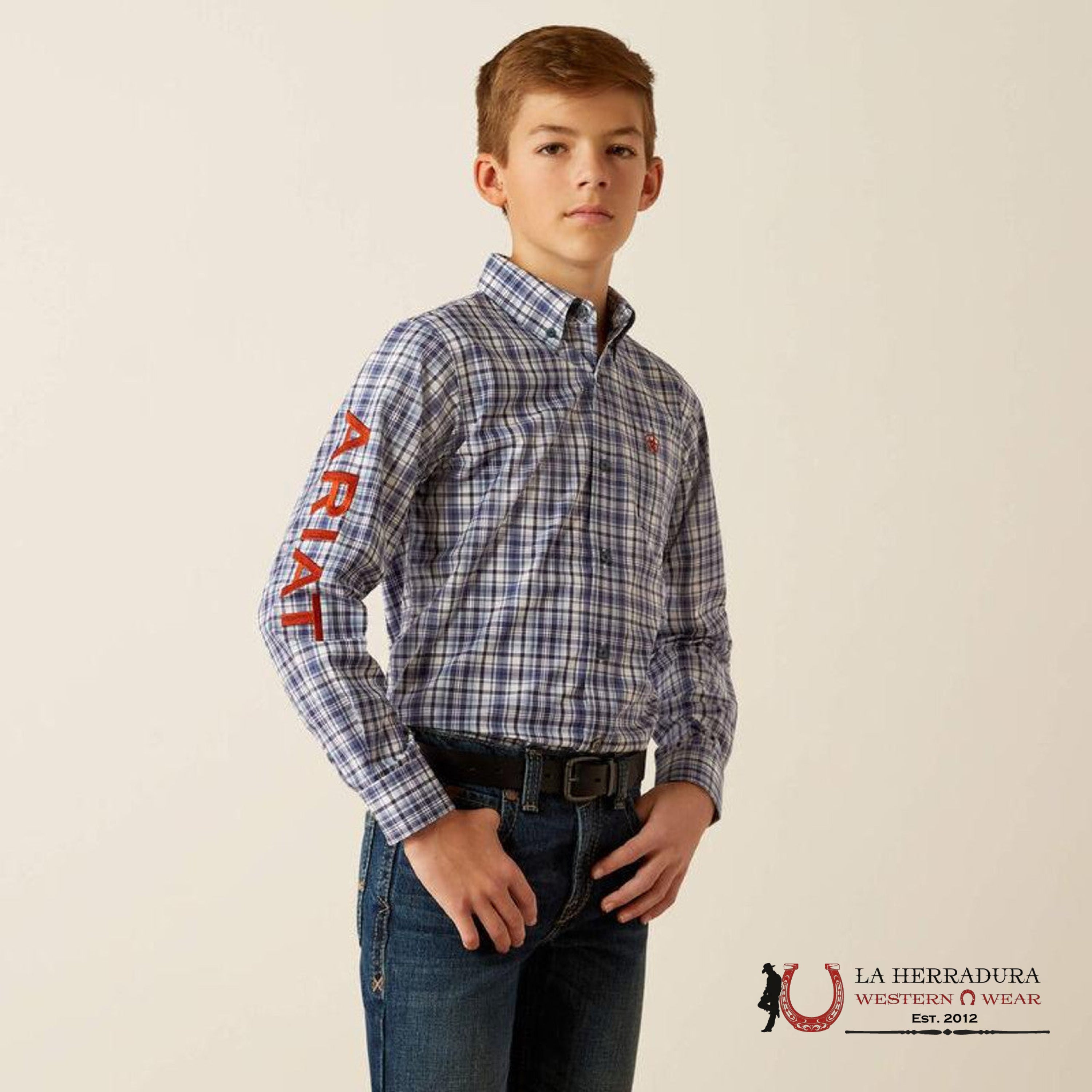 ARIAT KIDS SHIRT -NAVY/ORANGE PRO TEAM ORION LS 10054068 NIÑOS