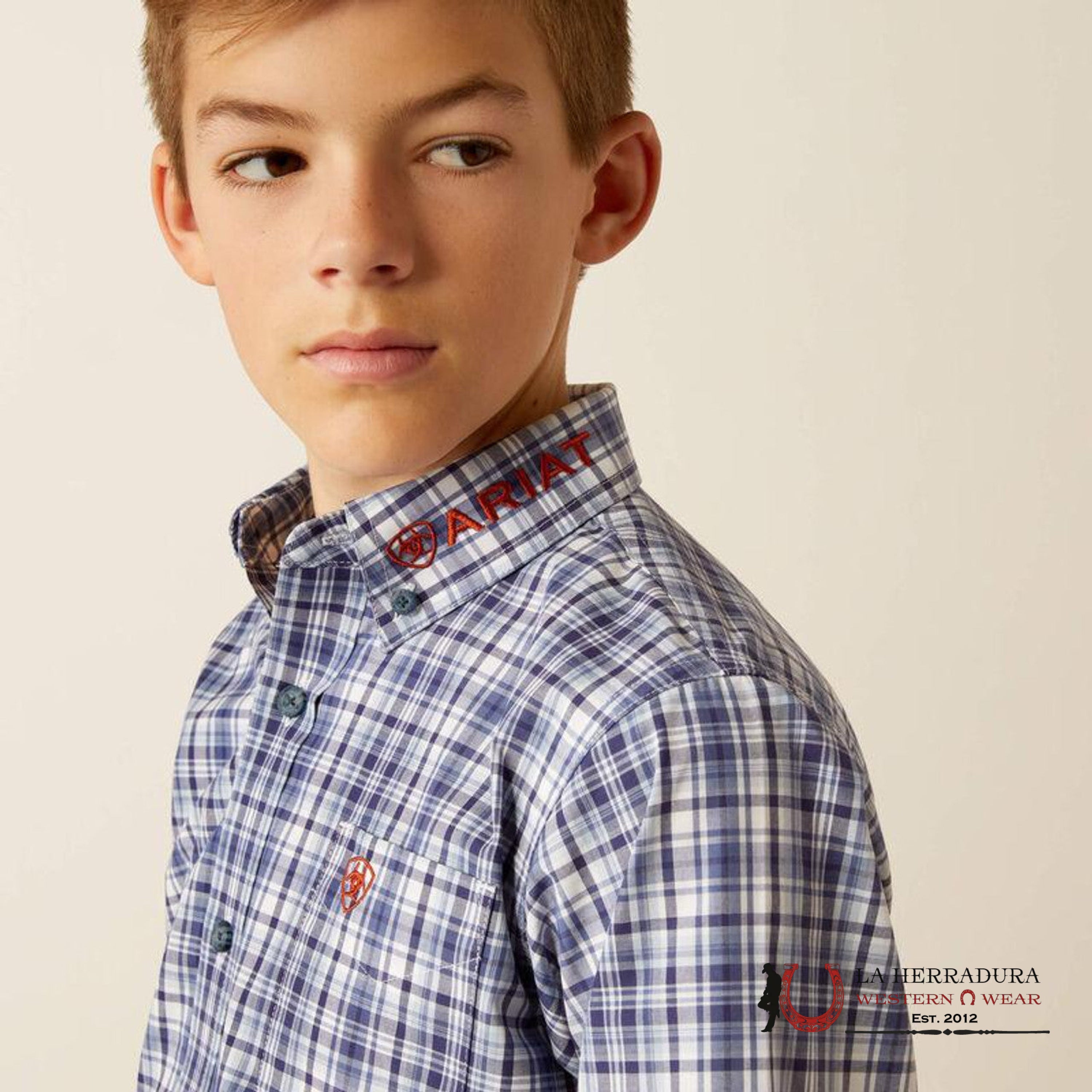 ARIAT KIDS SHIRT -NAVY/ORANGE PRO TEAM ORION LS 10054068 NIÑOS