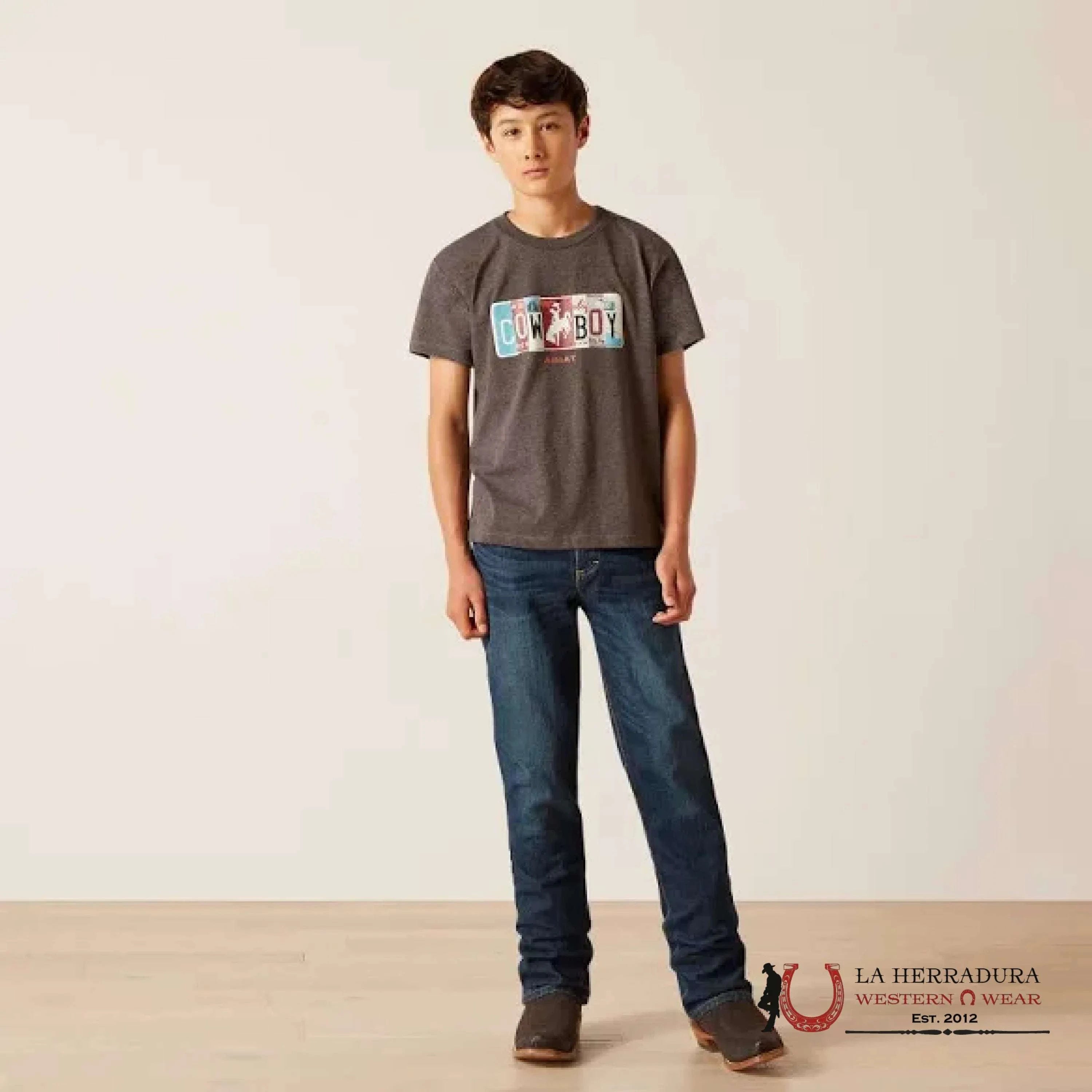 ARIAT KIDS TSHIRT -CHARCOAL LEATHER LISCENSE PLATE COWBOY 10047911 NIÑOS