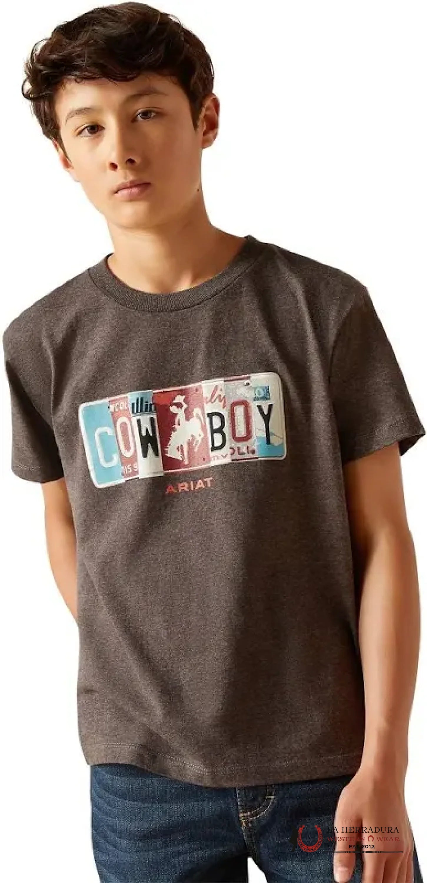 ARIAT KIDS TSHIRT -CHARCOAL LEATHER LISCENSE PLATE COWBOY 10047911 NIÑOS