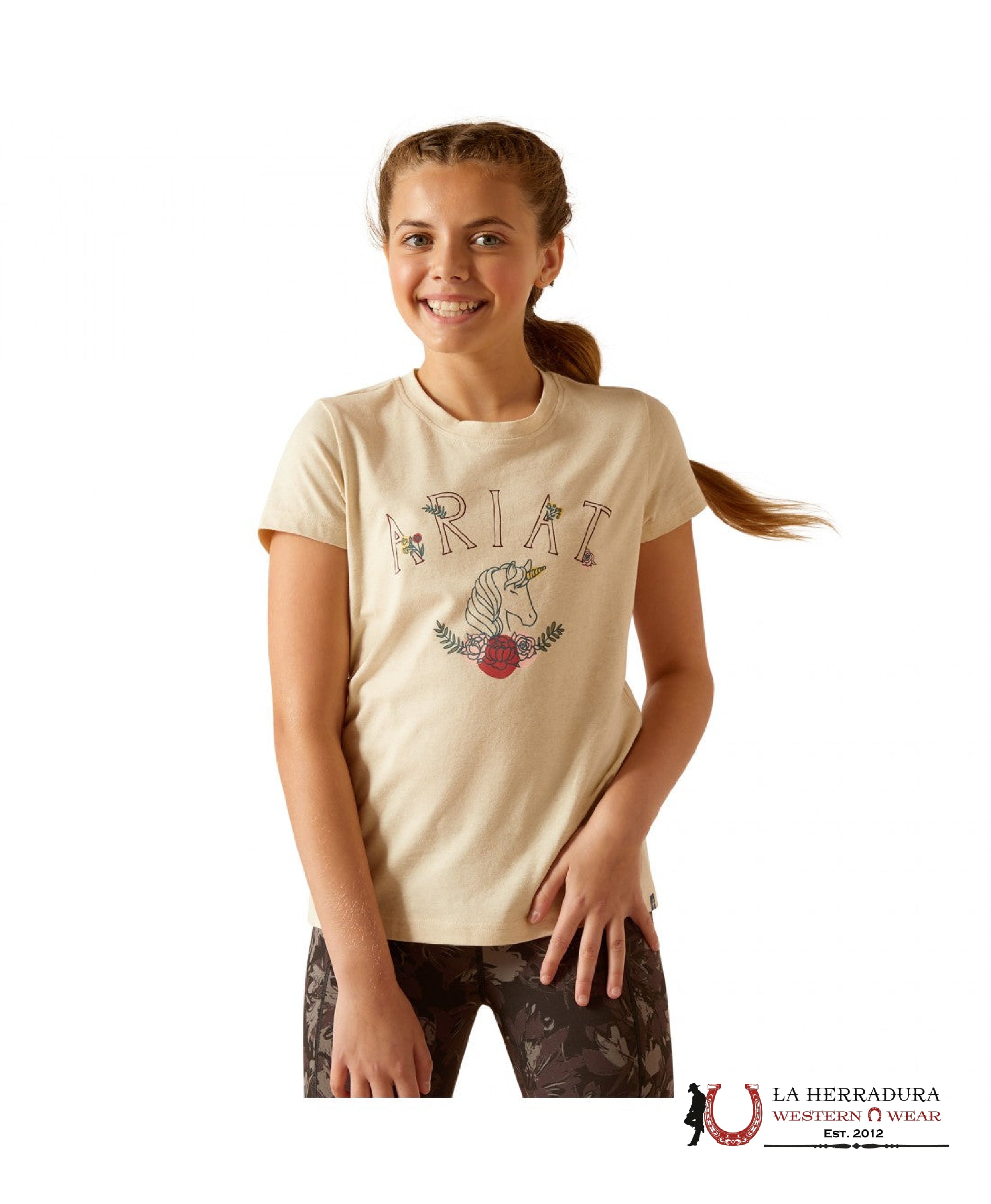 ARIAT KIDS TSHIRT -OATMEAL LEATHER UNICORN INSIGNIA 10048556 NIÑOS