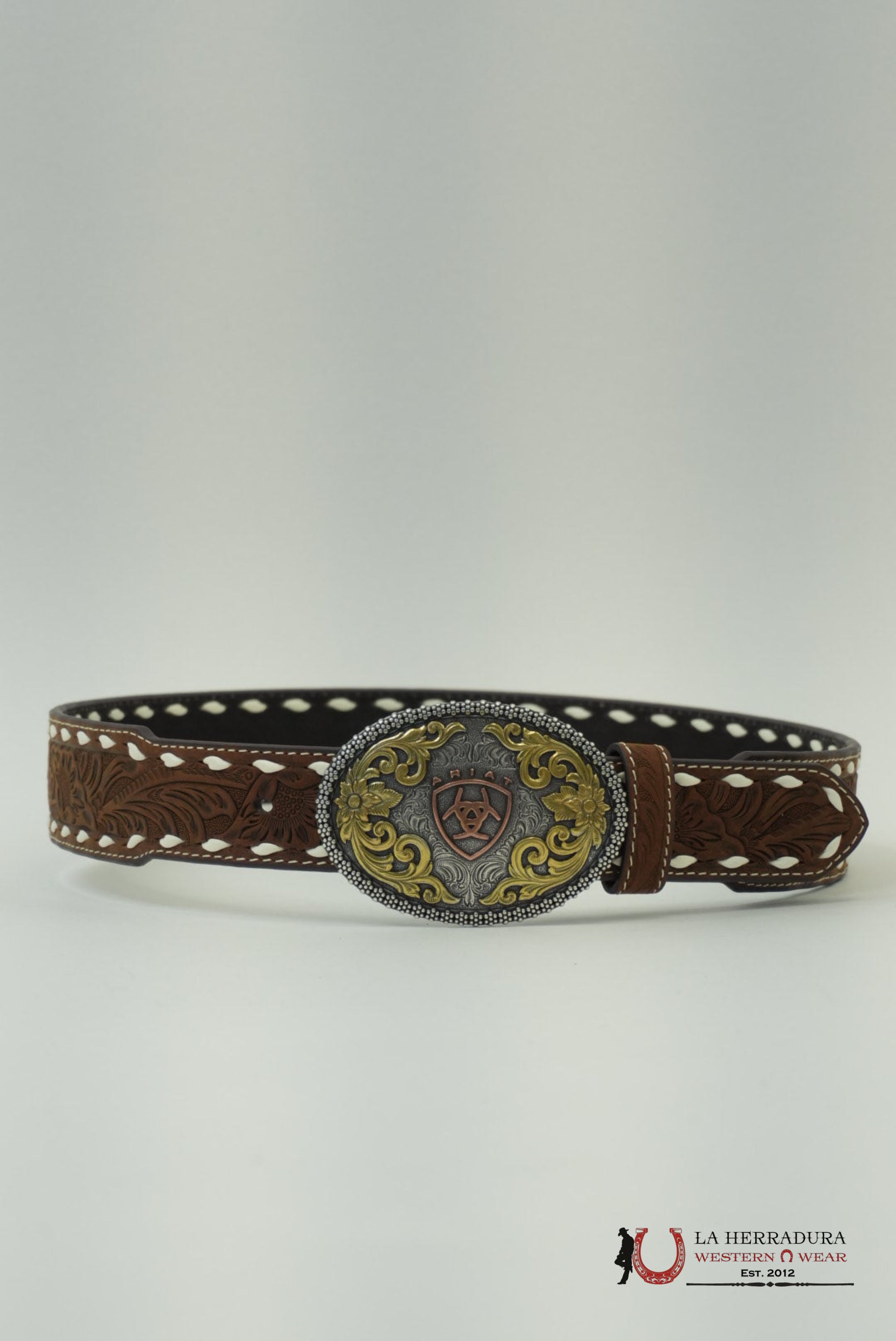Ariat Men Brown Floral With White Stiching Belt CINTURONES HOMBRES