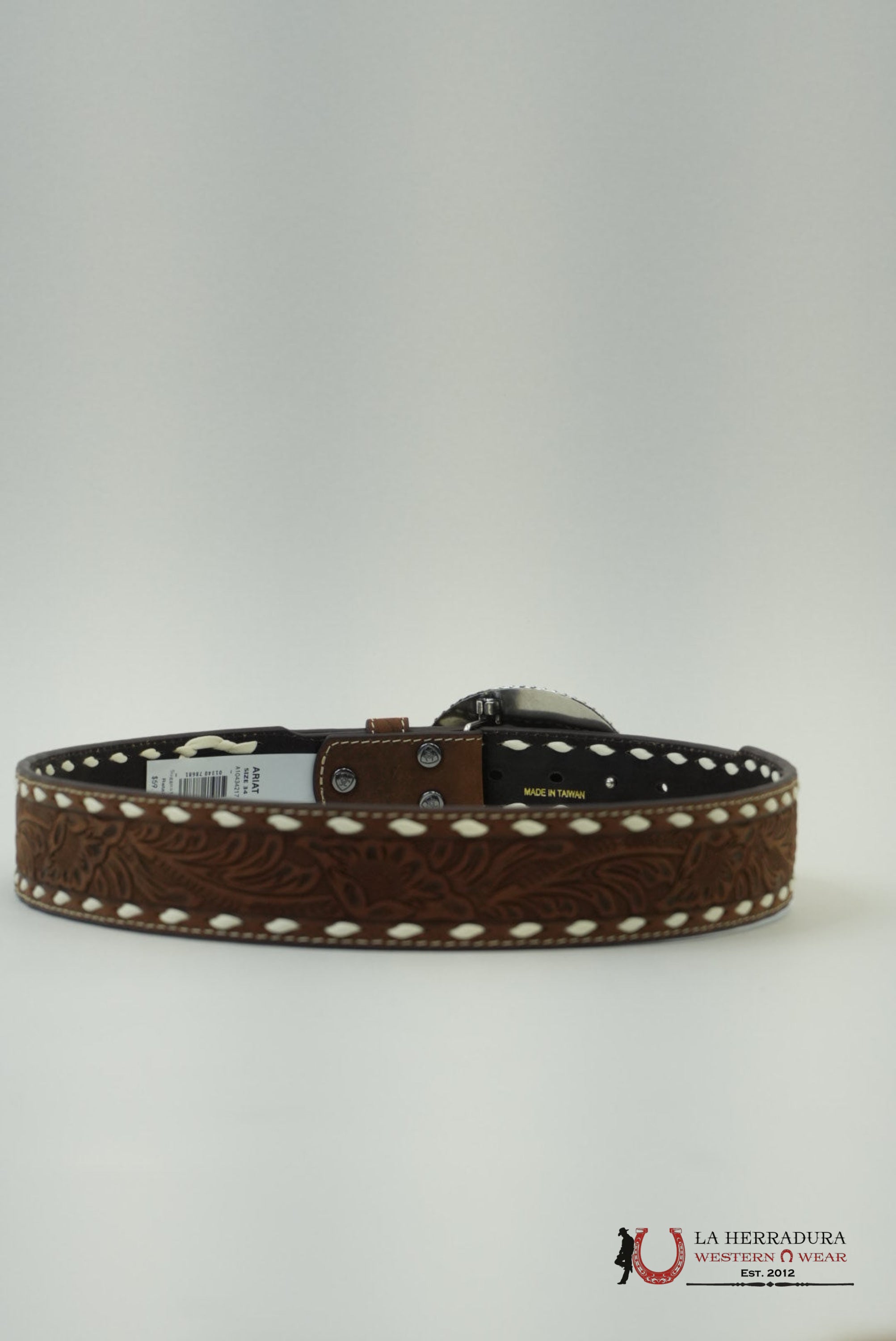 Ariat Men Brown Floral With White Stiching Belt CINTURONES HOMBRES