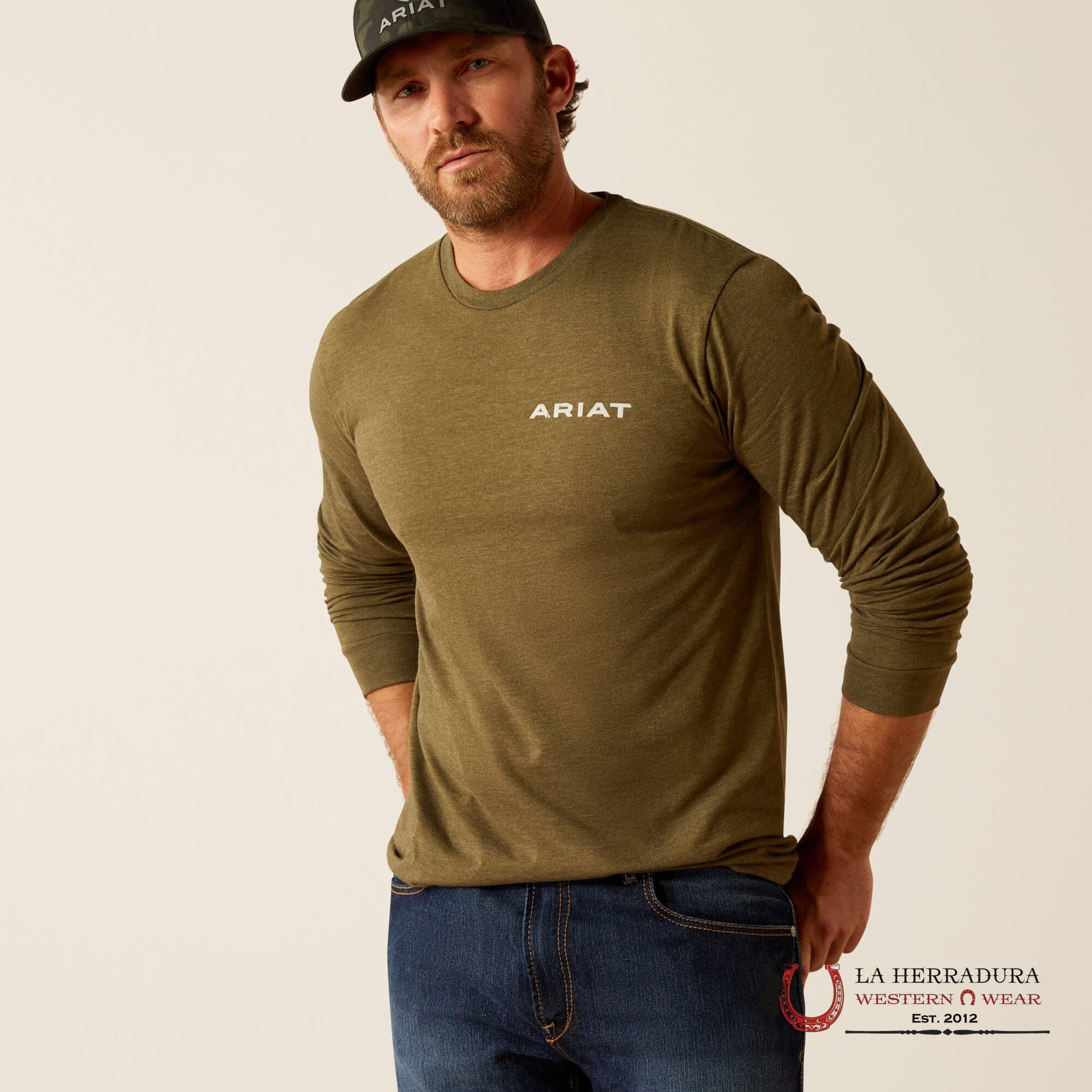 ARIAT MEN LONG SLEEVE T-SHIRT BOARDED LOTF HEX MILITARY HEATHER 10053989 ROPA HOMBRES