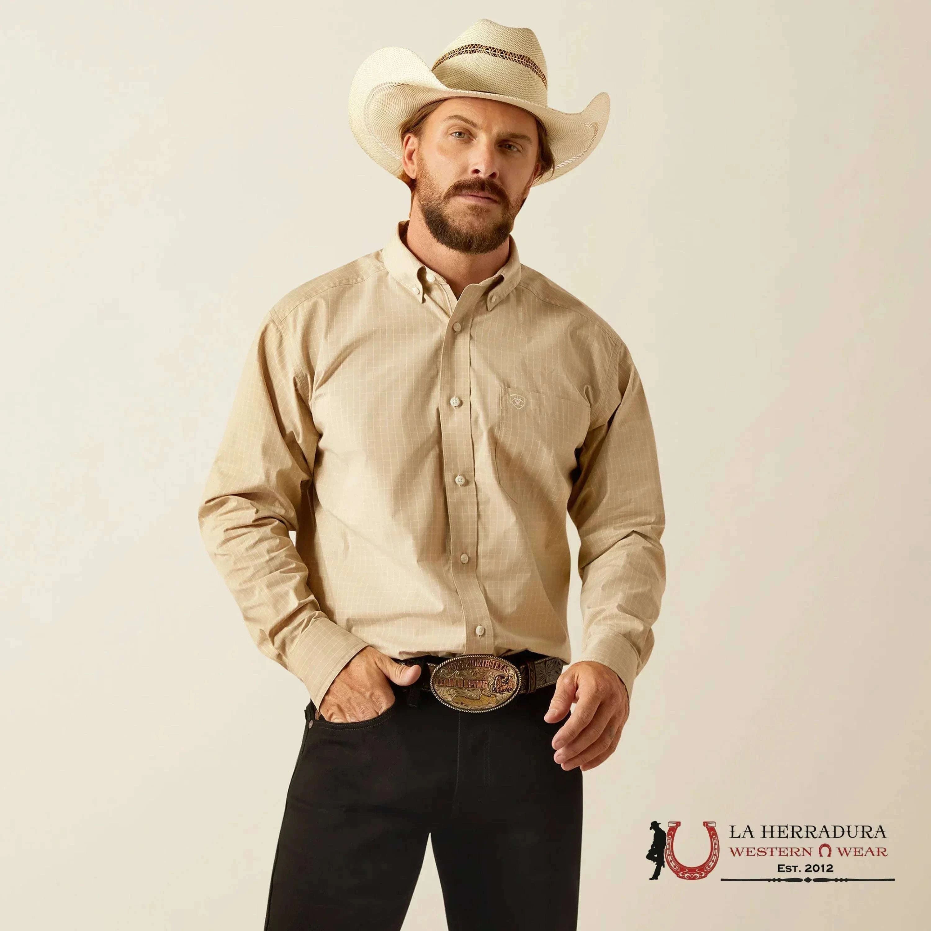 ARIAT TEAM Pro Cayson Long Sleeve Khaki Begie Shirt - 4675 ROPA HOMBRES