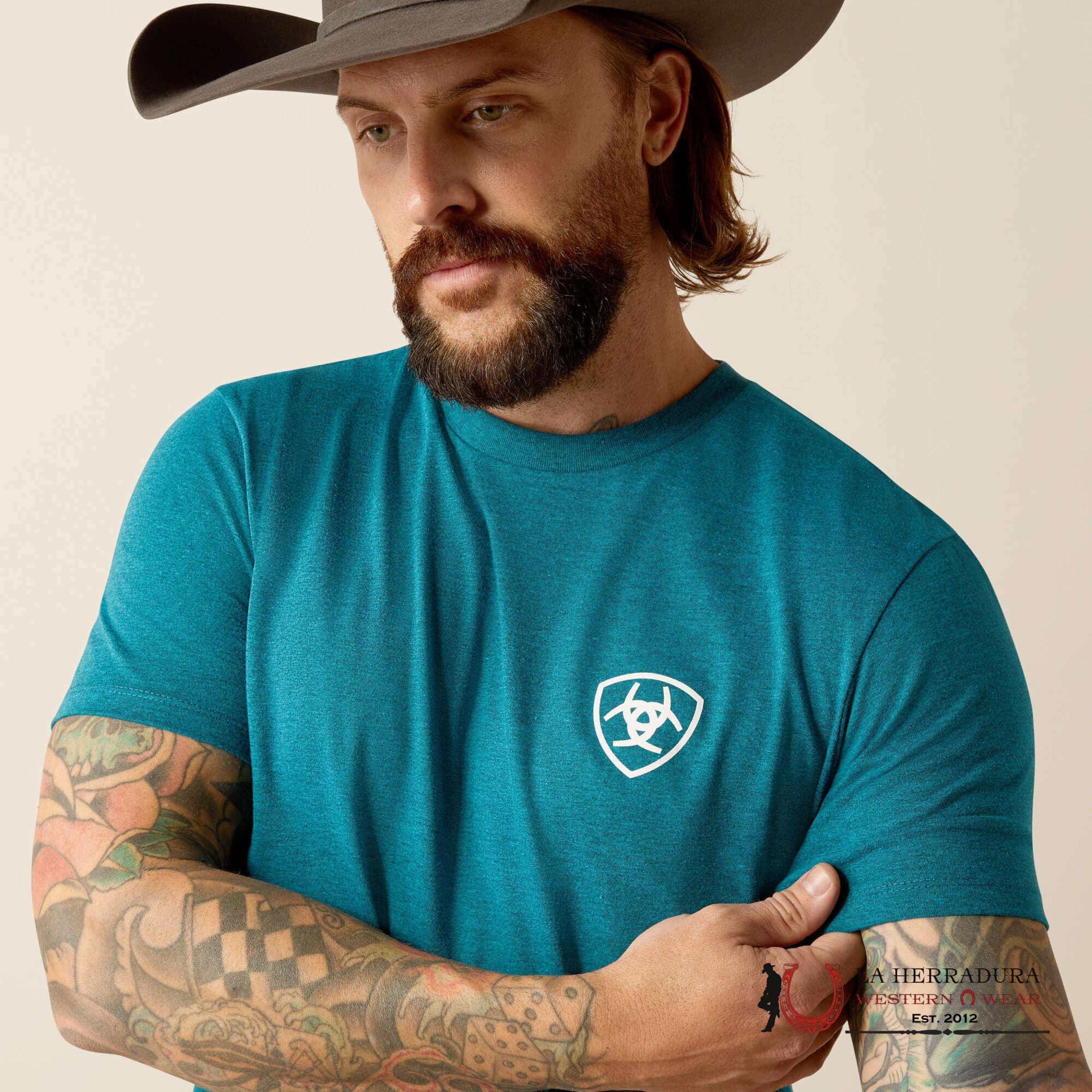 ARIAT MEN T-SHIRT STACKS CYAN BLACK HEATHER 10052036 ROPA HOMBRES