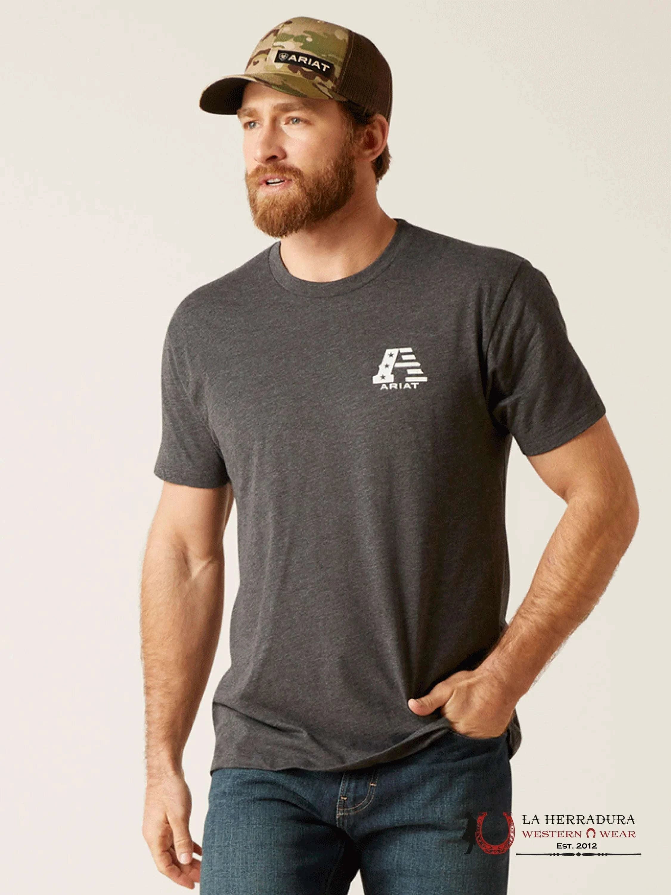 ARIAT MEN T-SHIRT USA CHARCOAL HEATHER 10047656 ROPA HOMBRES