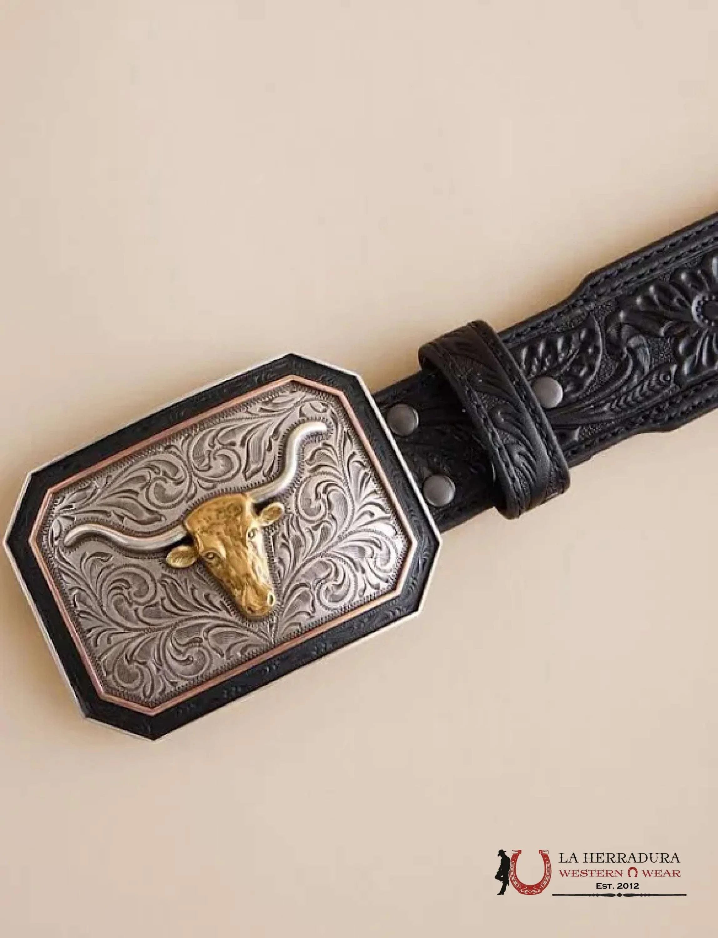 Ariat Mens Floral Embossed Black Belt & Bull Buckle Cinturones Hombres