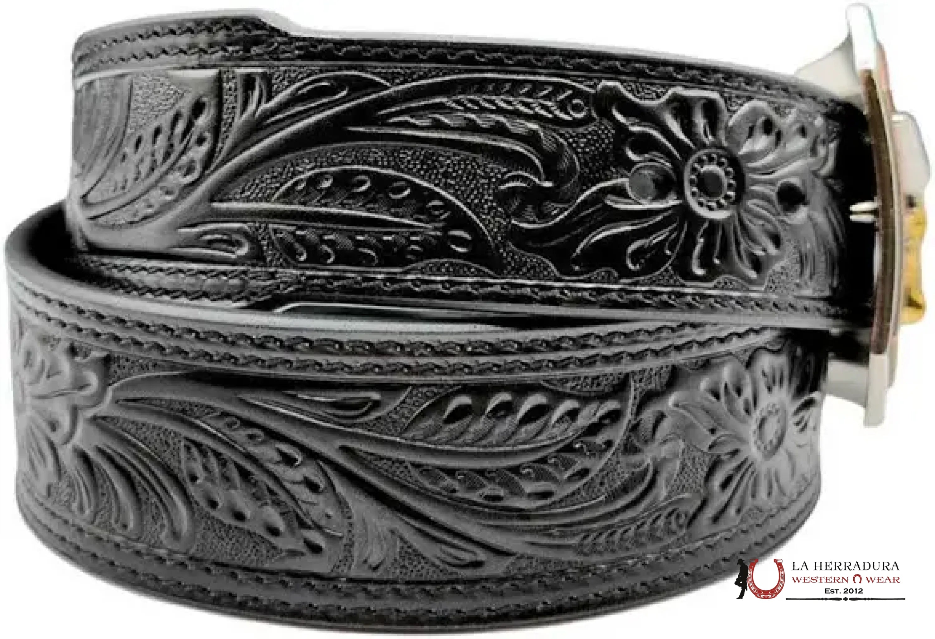 Ariat Mens Floral Embossed Black Belt & Bull Buckle Cinturones Hombres