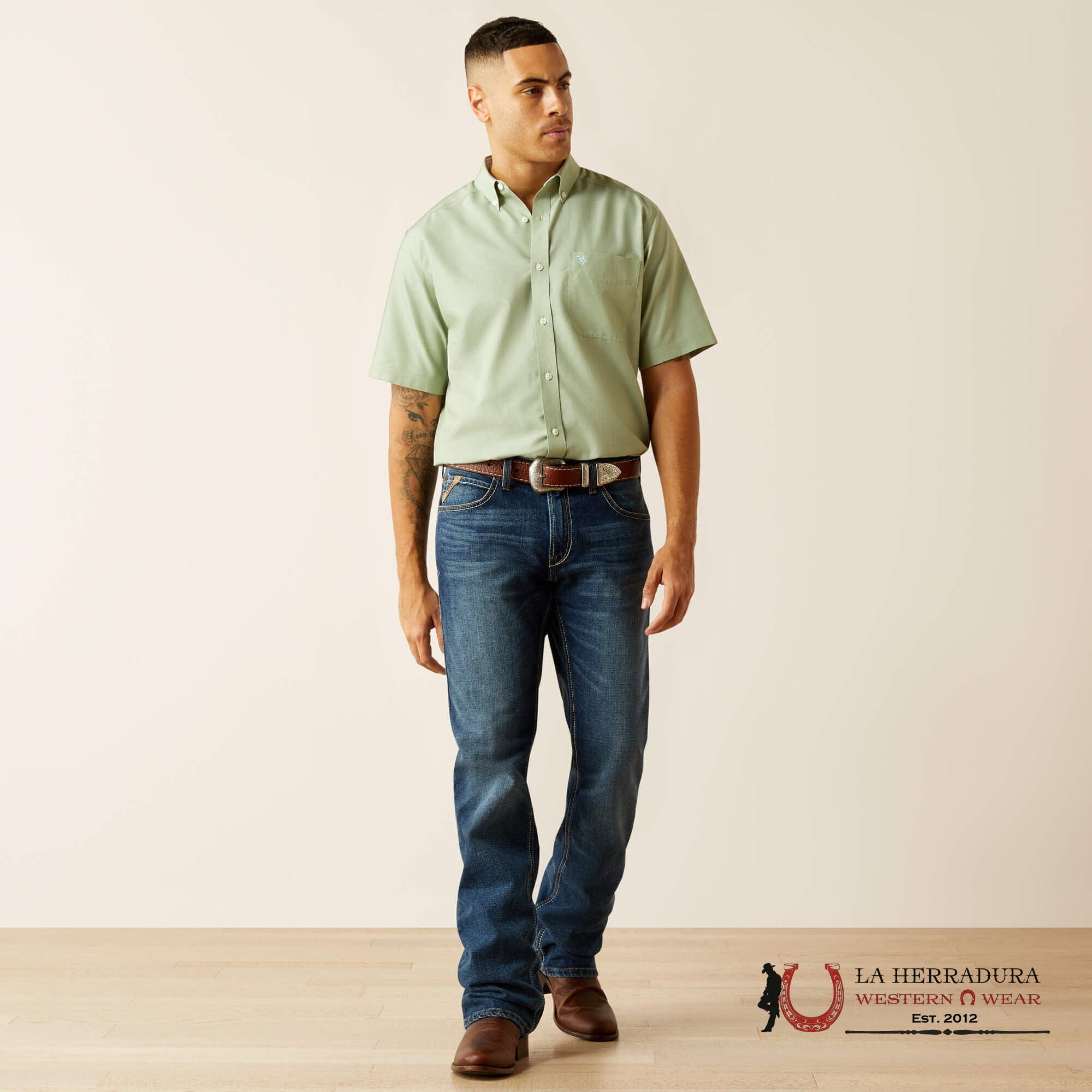 ARIAT MENS Solid Aqua Short Sleeve Shirt - 8980 ROPA HOMBRES