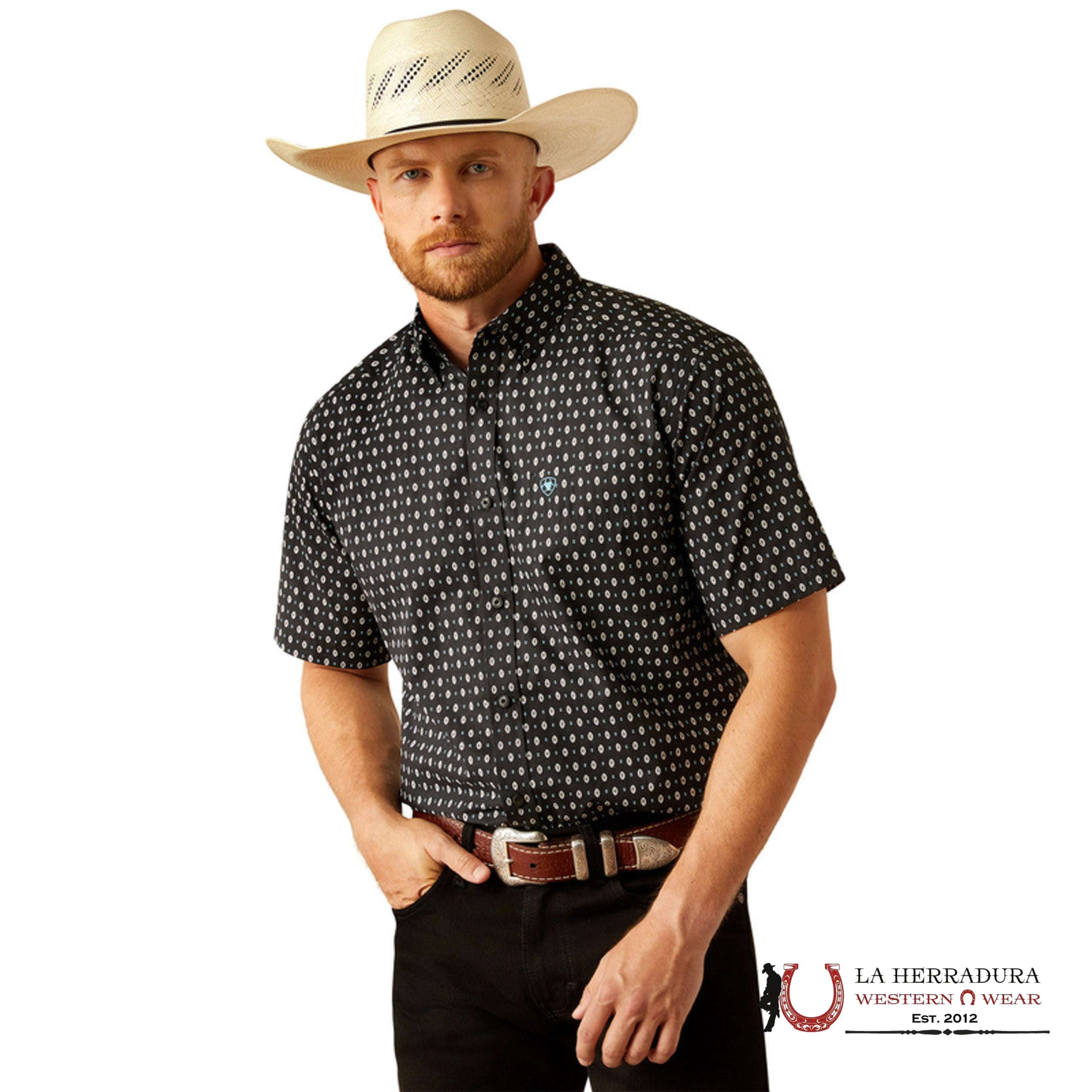 ARIAT MENS Steele Short Sleeve Black With Aztec Print Shirt - 9015 ROPA HOMBRES
