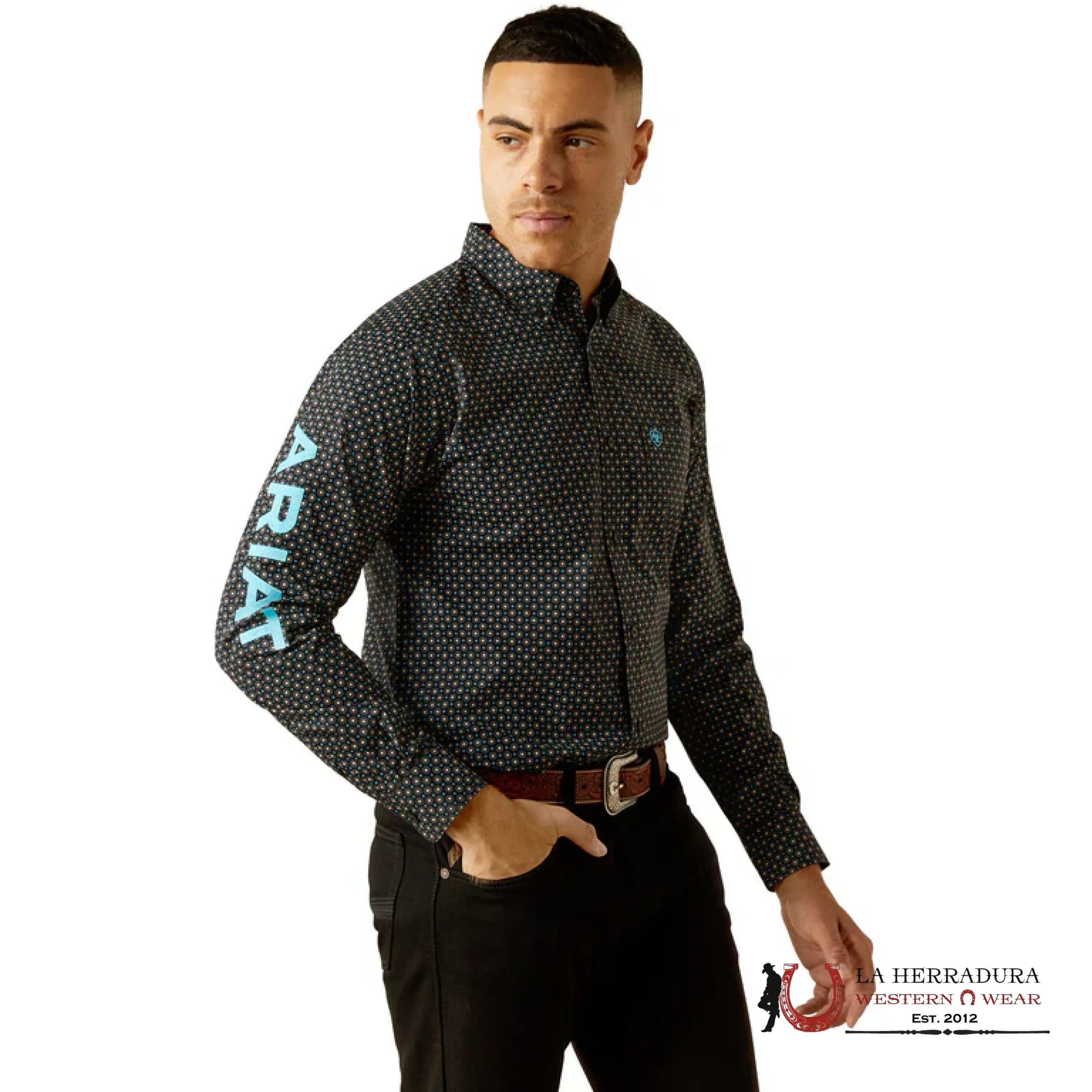 ARIAT MENS Team Abel Black/Blue Long Sleeve Shirt With Western Print - 8738 ROPA HOMBRES
