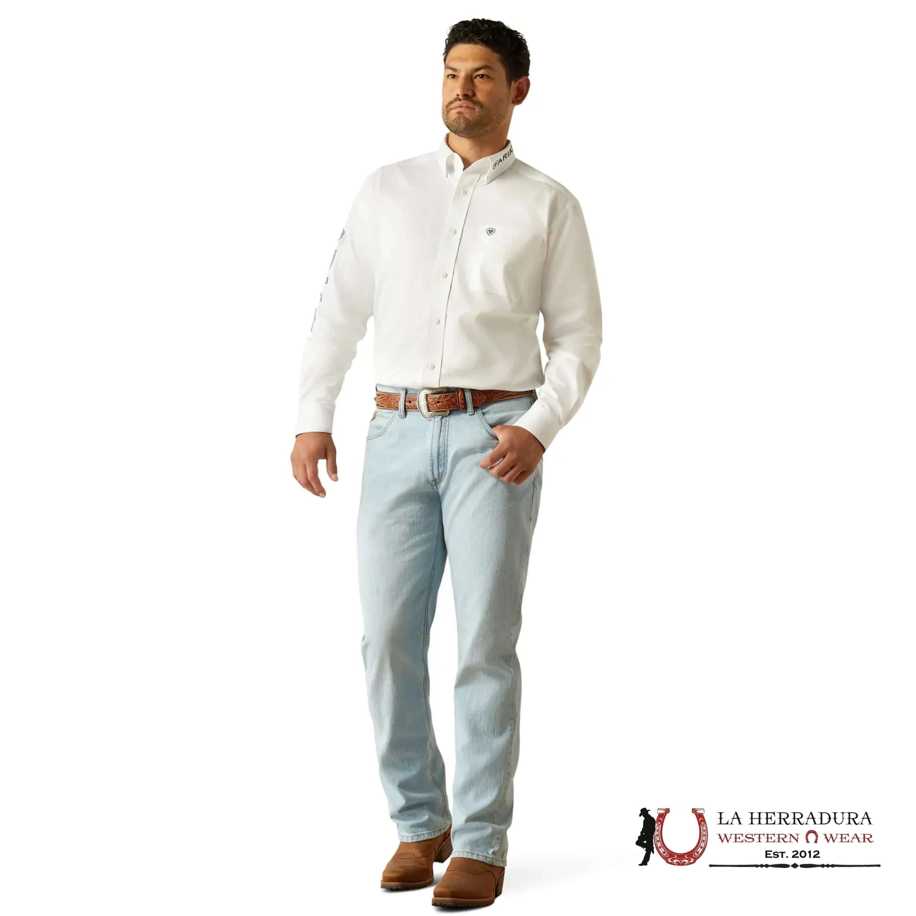 ARIAT MENS Team logo Twill White/Teal Shirt - 9132 ROPA HOMBRES