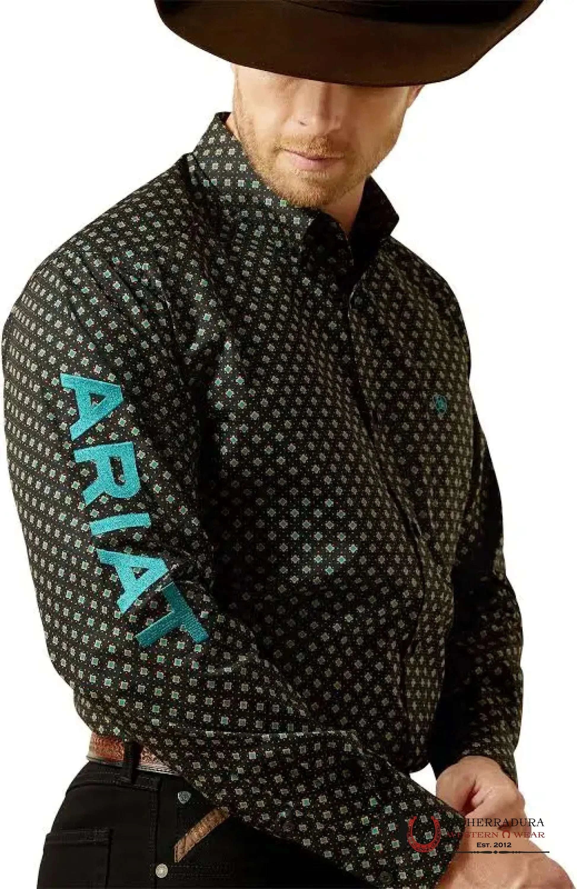 ARIAT MENS TEAM PORTLAND FITTED LS SHIRT BLACK/TEAL 10062253 ROPA HOMBRES