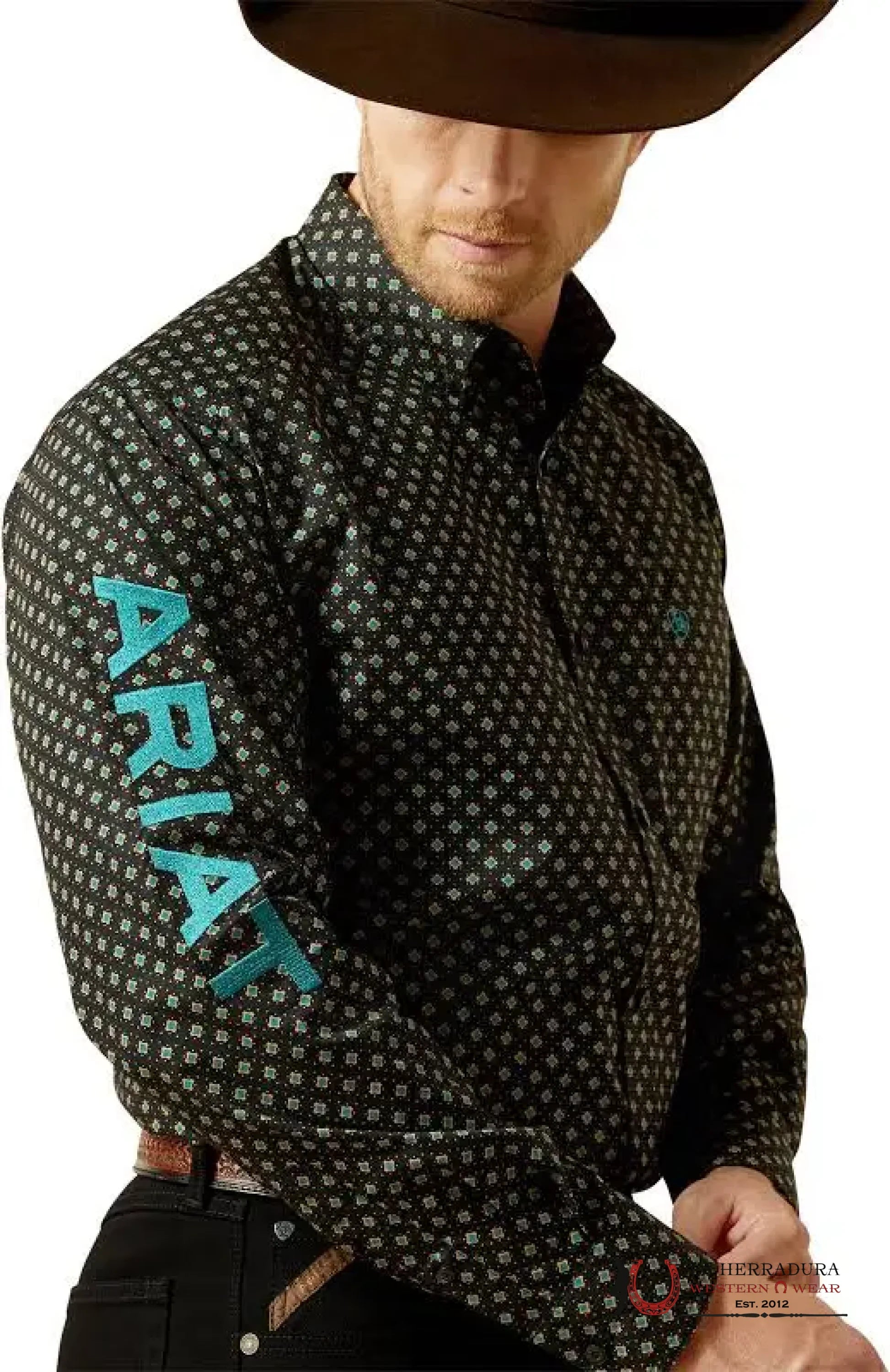 ARIAT MENS TEAM PORTLAND FITTED LS SHIRT BLACK/TEAL 10062253 ROPA HOMBRES