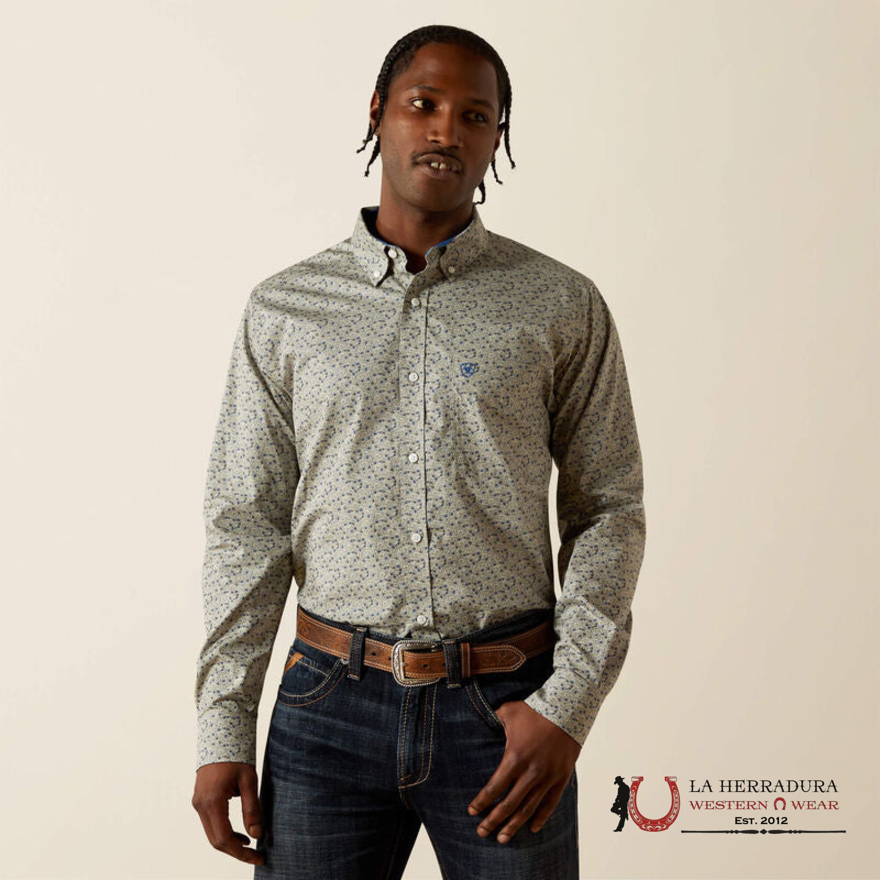 ARIAT MENS TEAM PORTLAND FITTED LS SHIRT LIGHT GREY 10062233 ROPA HOMBRES