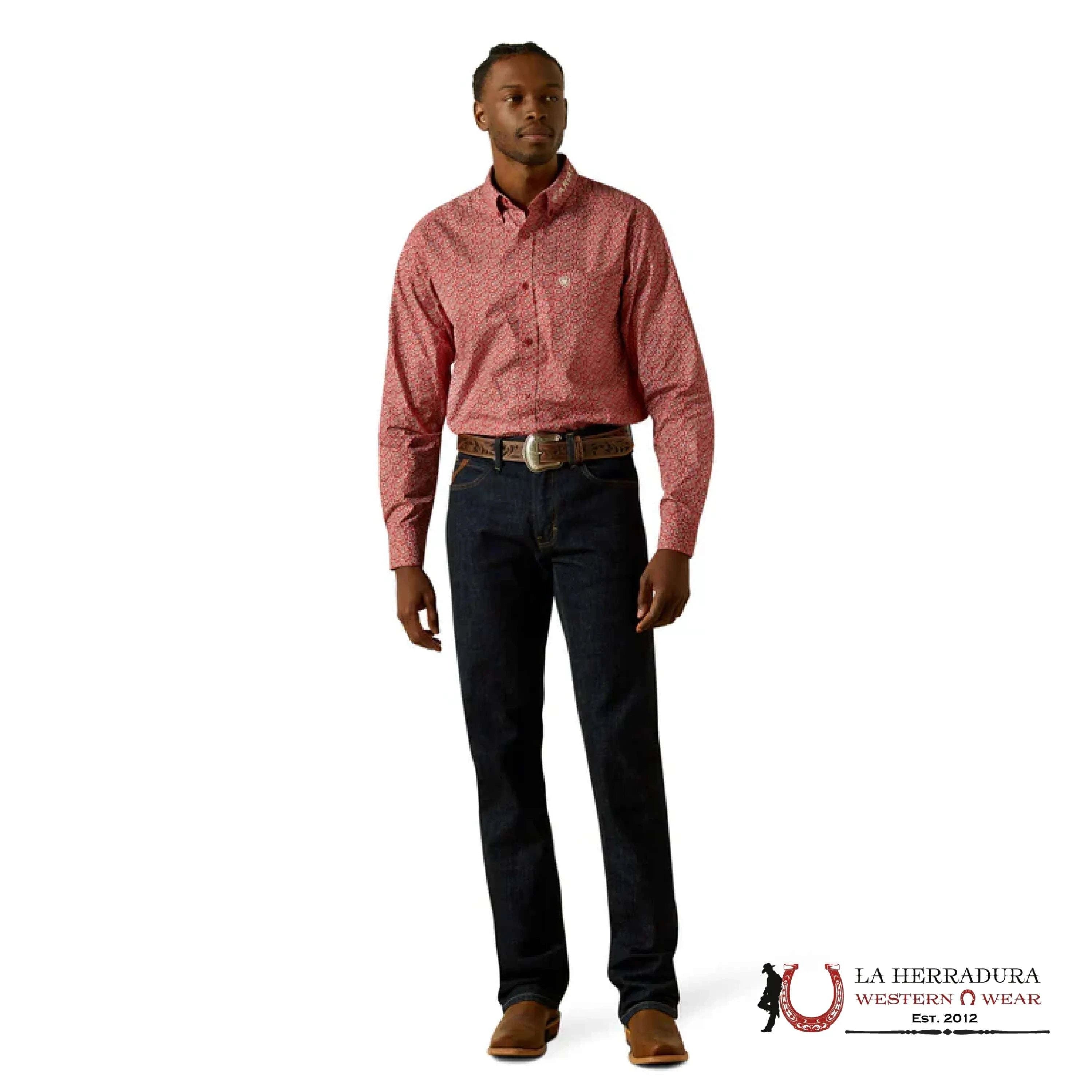 ARIAT MENS TEAM PORTLAND FITTED LS SHIRT RED/BEIGE 10062255 ROPA HOMBRES