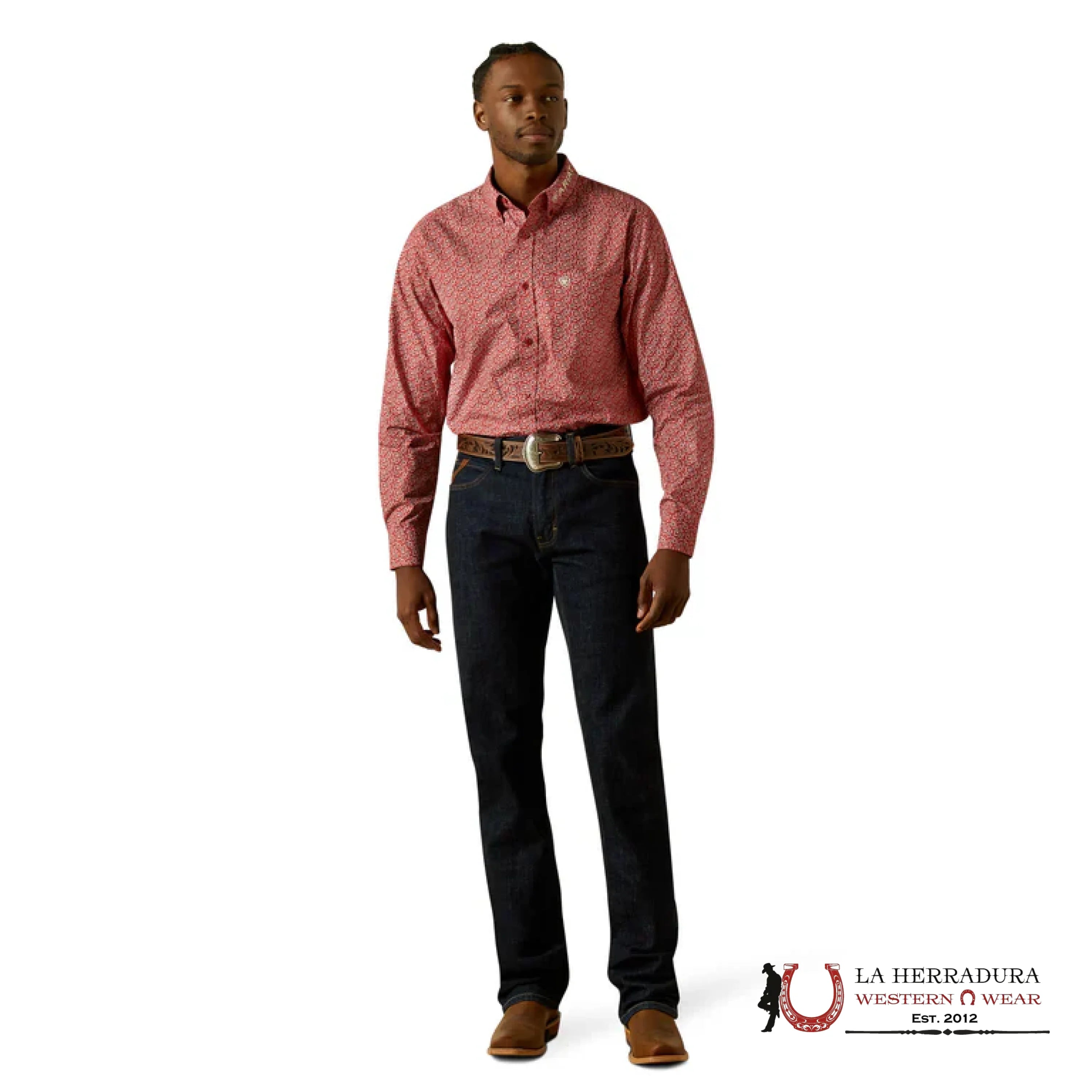 ARIAT MENS TEAM PORTLAND FITTED LS SHIRT RED/BEIGE 10062255 ROPA HOMBRES