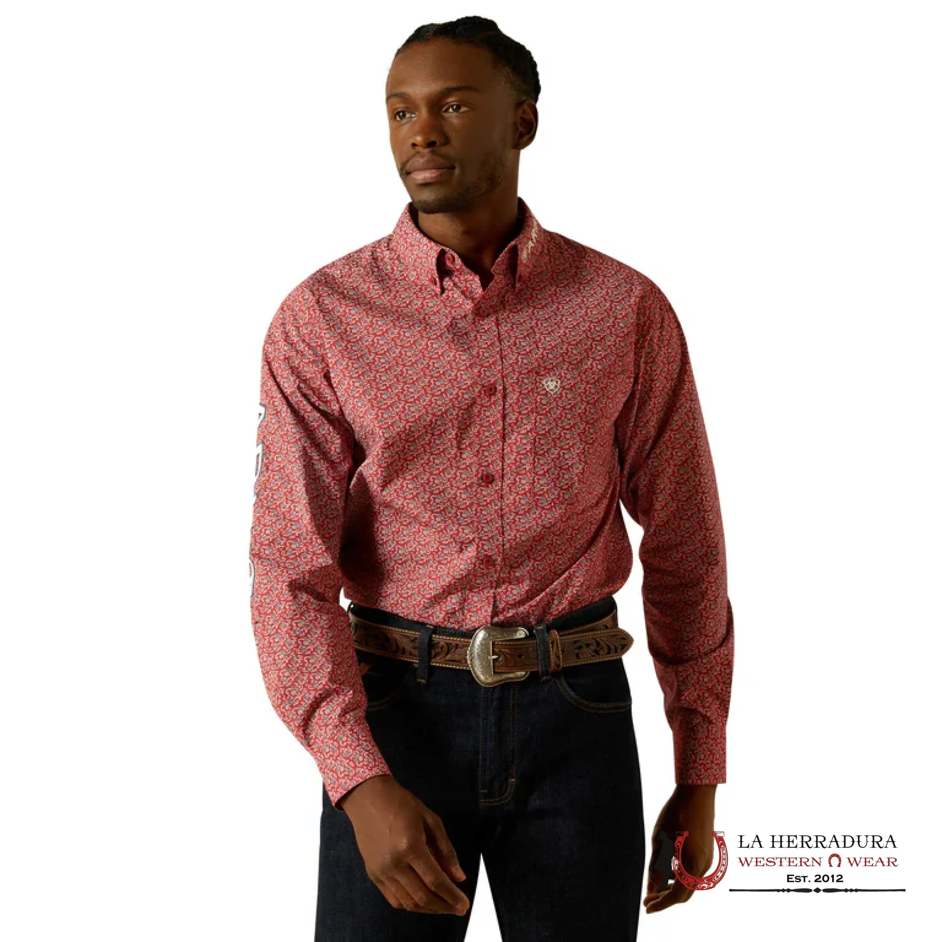 ARIAT MENS TEAM PORTLAND FITTED LS SHIRT RED/BEIGE 10062255 ROPA HOMBRES