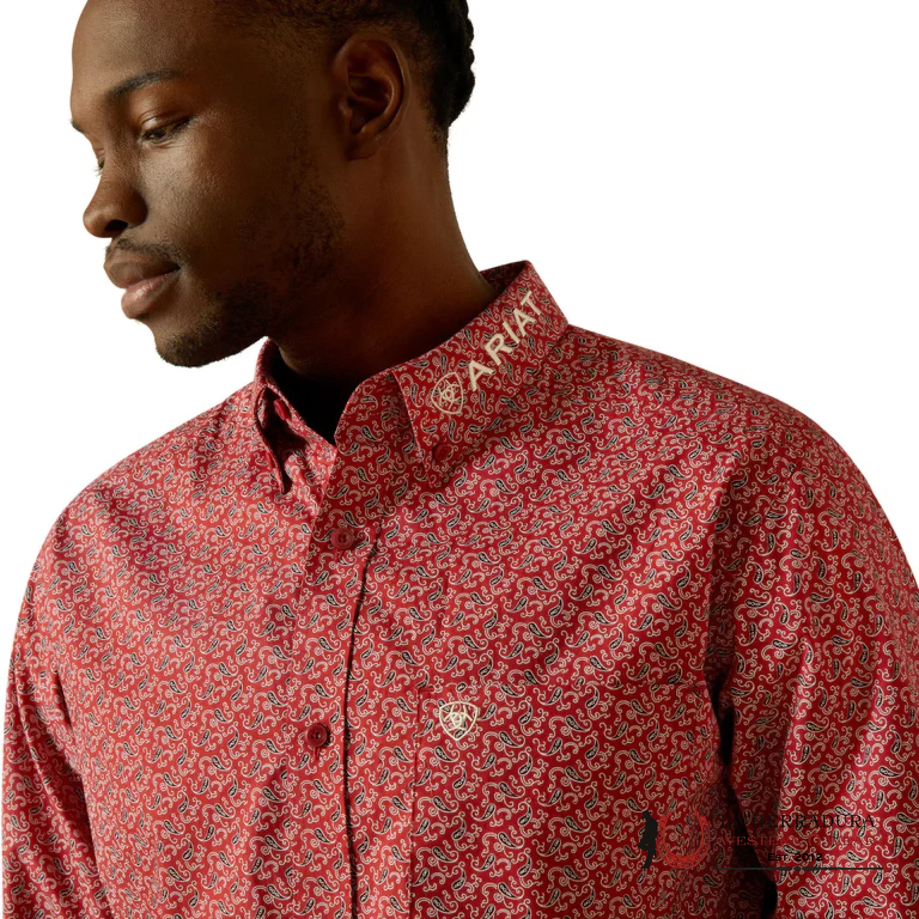 ARIAT MENS TEAM PORTLAND FITTED LS SHIRT RED/BEIGE 10062255 ROPA HOMBRES