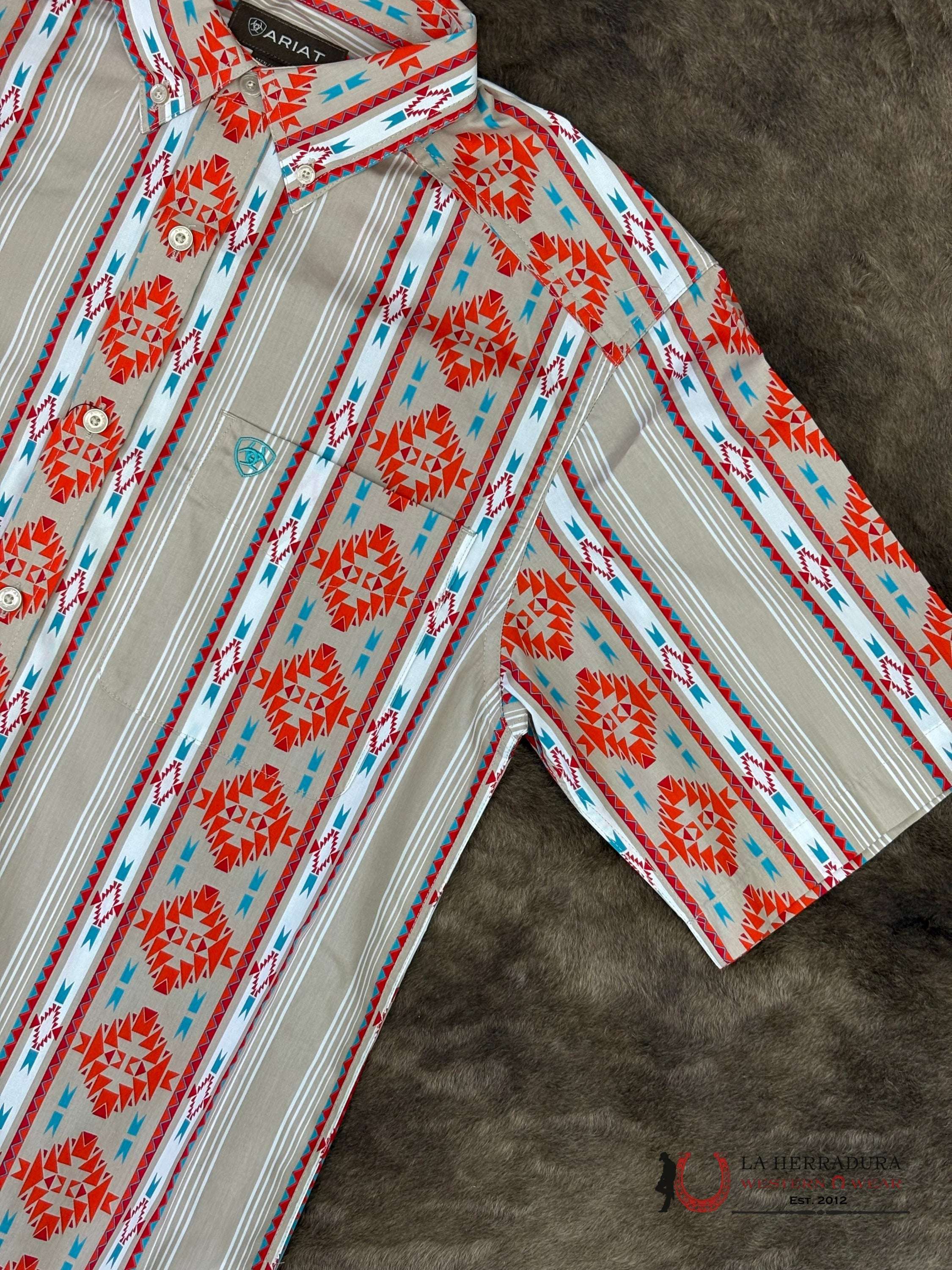 ARIAT MENS Wade Tan Short Sleeve With Multi Color Aztec Print Shirt - 8751 ROPA HOMBRES