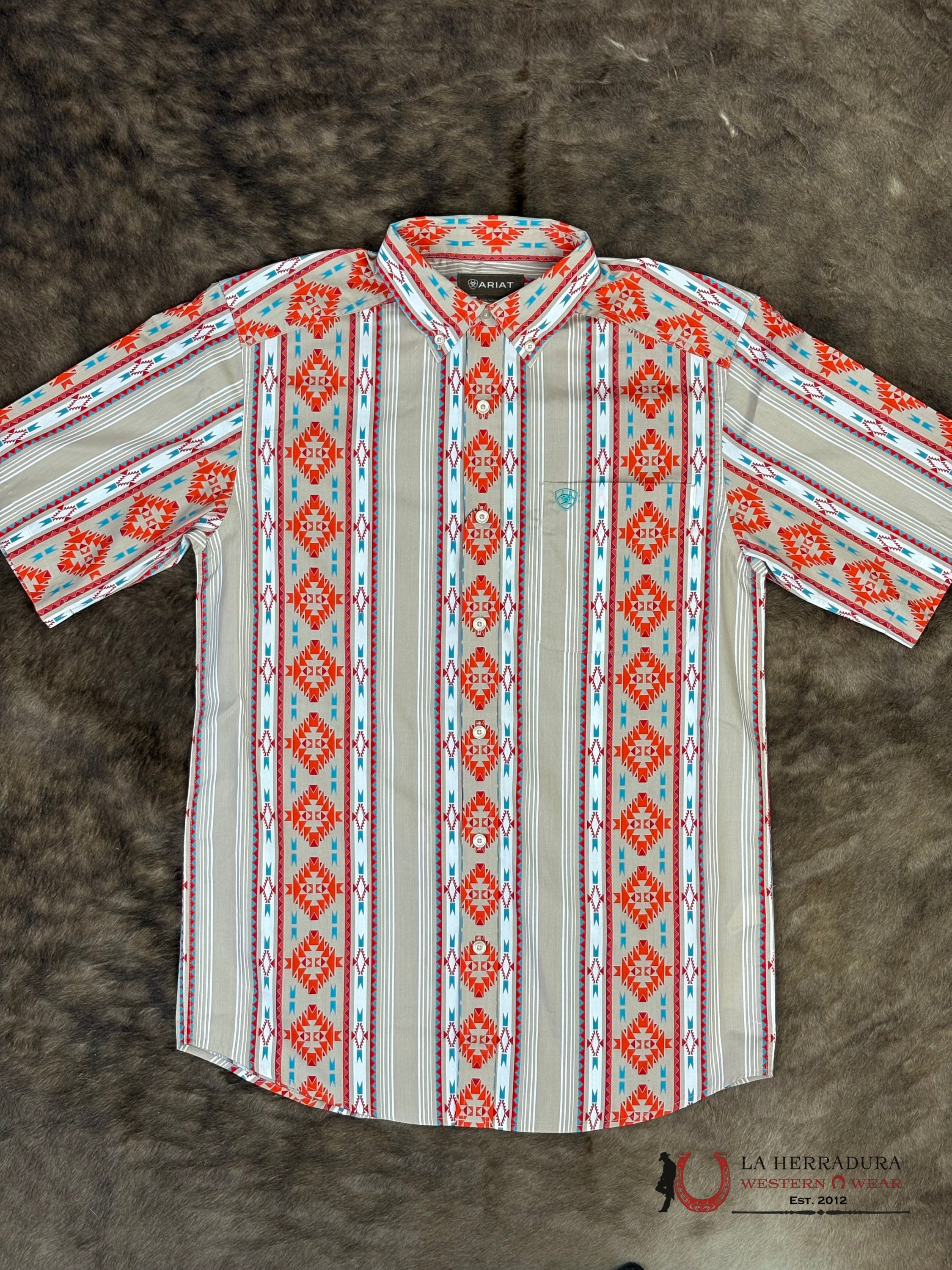 ARIAT MENS Wade Tan Short Sleeve With Multi Color Aztec Print Shirt - 8751 ROPA HOMBRES
