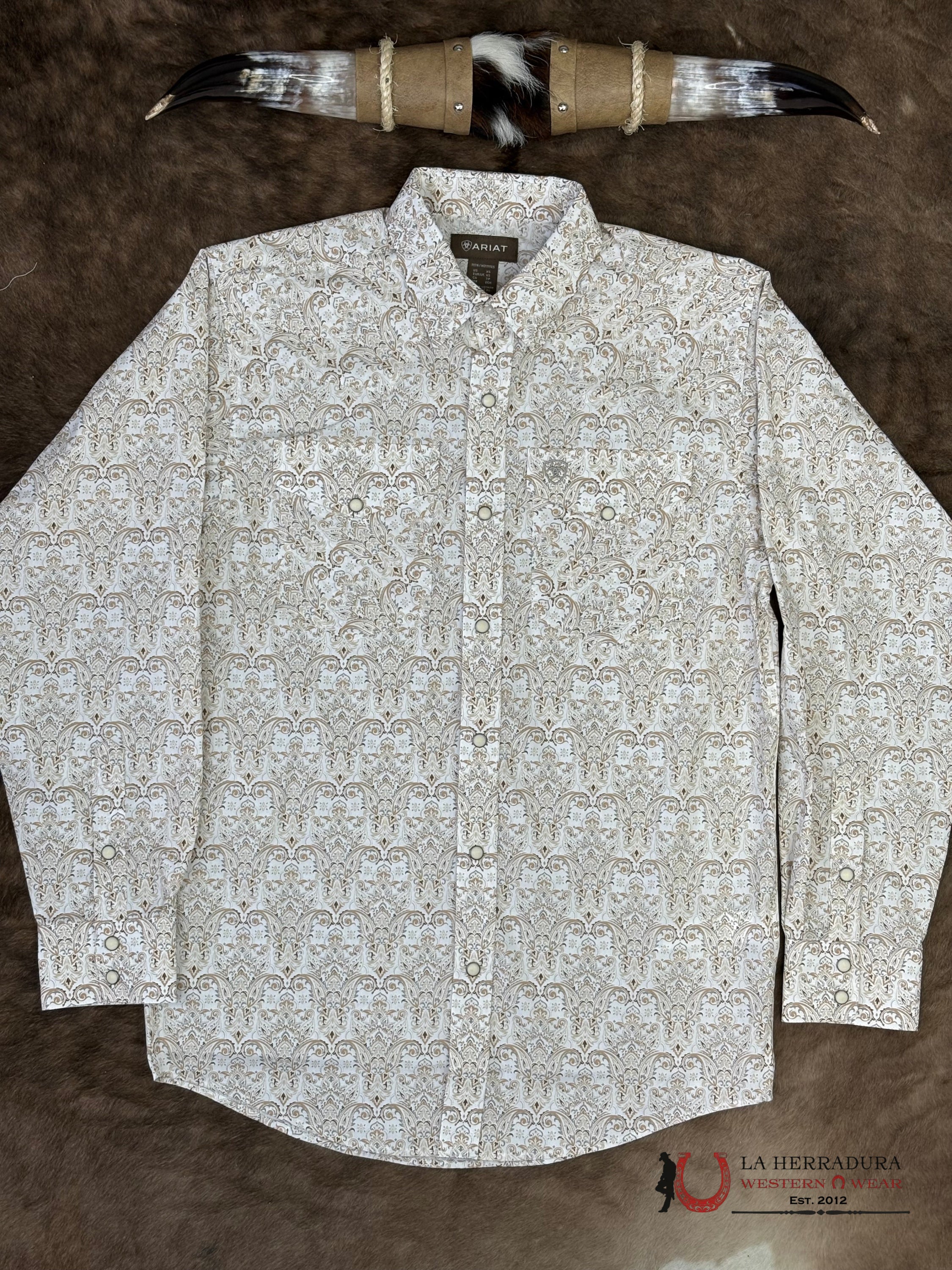 ARIAT MENS Wellington Khaki Light Brown Long Sleeve With Floral Print Shirt - 8758 ROPA HOMBRES