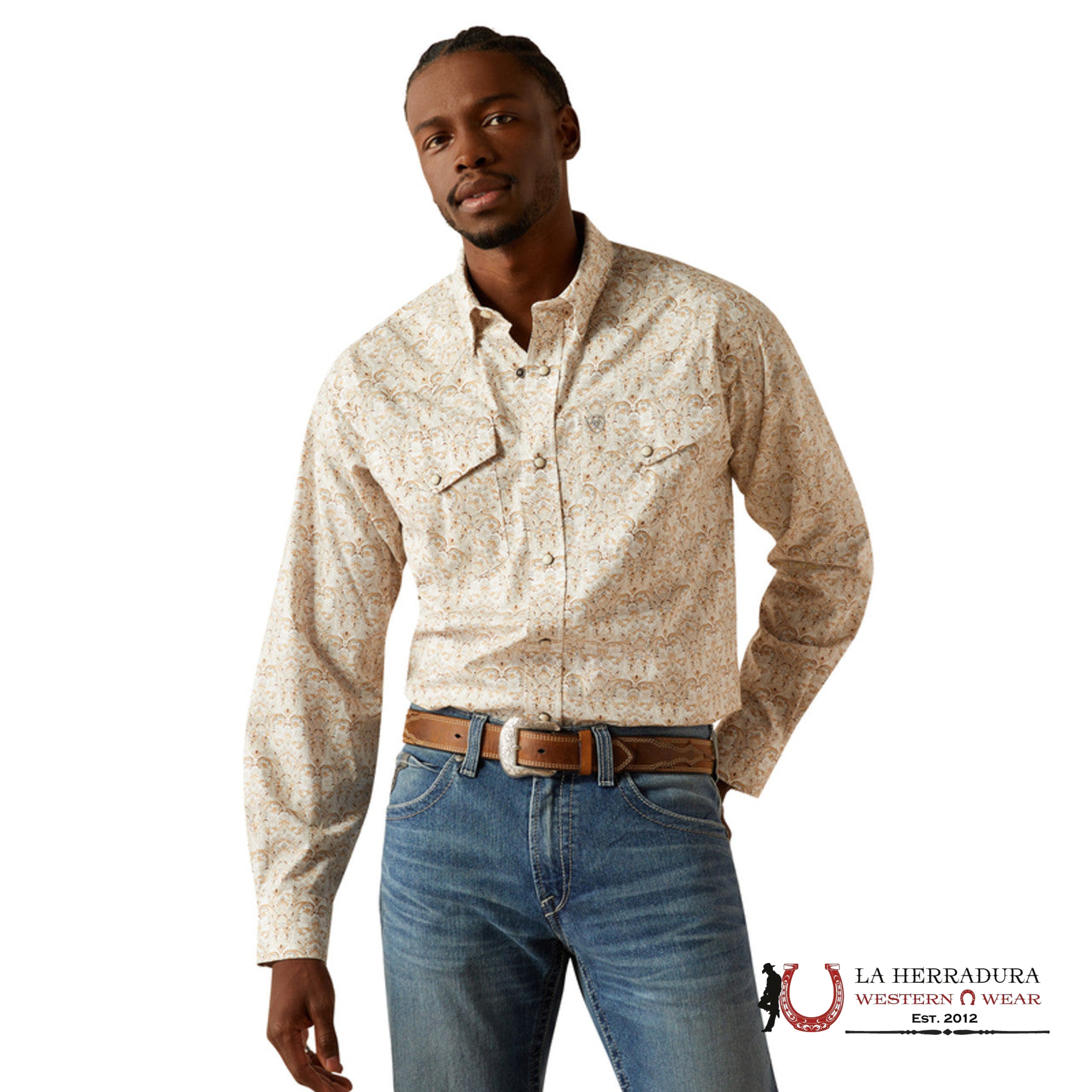 ARIAT MENS Wellington Khaki Light Brown Long Sleeve With Floral Print Shirt - 8758 ROPA HOMBRES