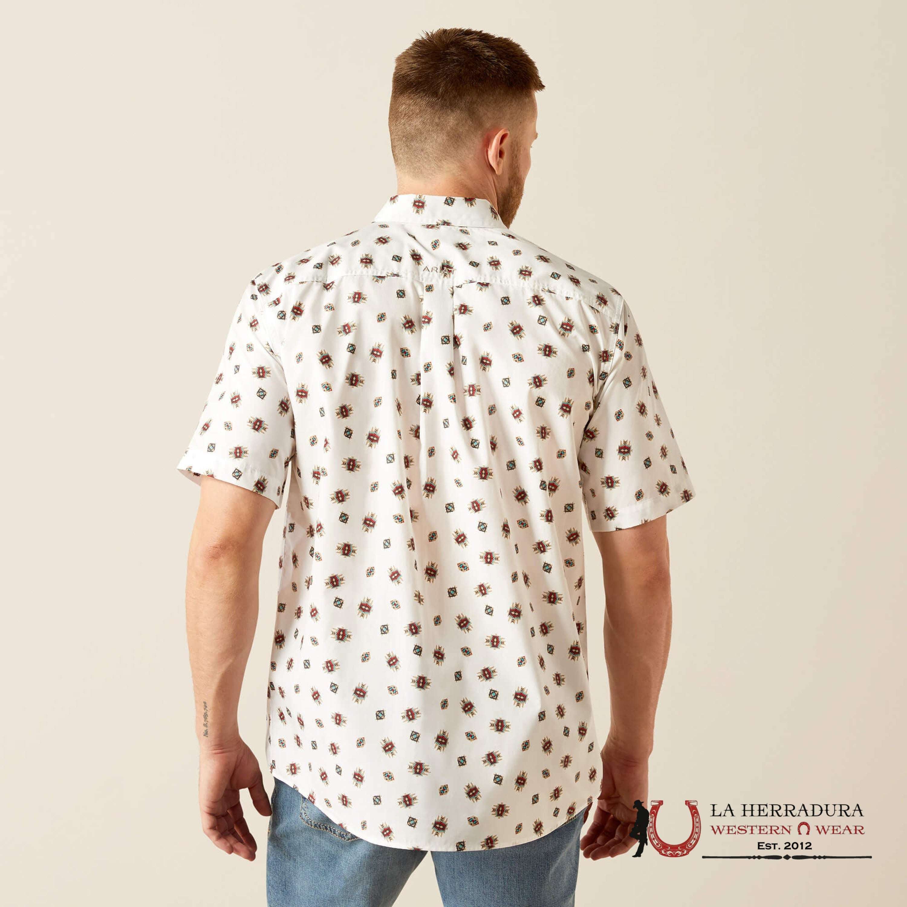 ARIAT MENS Westscott White Short Sleeve With Multi Color Aztec Print Shirt - 8748 ROPA HOMBRES