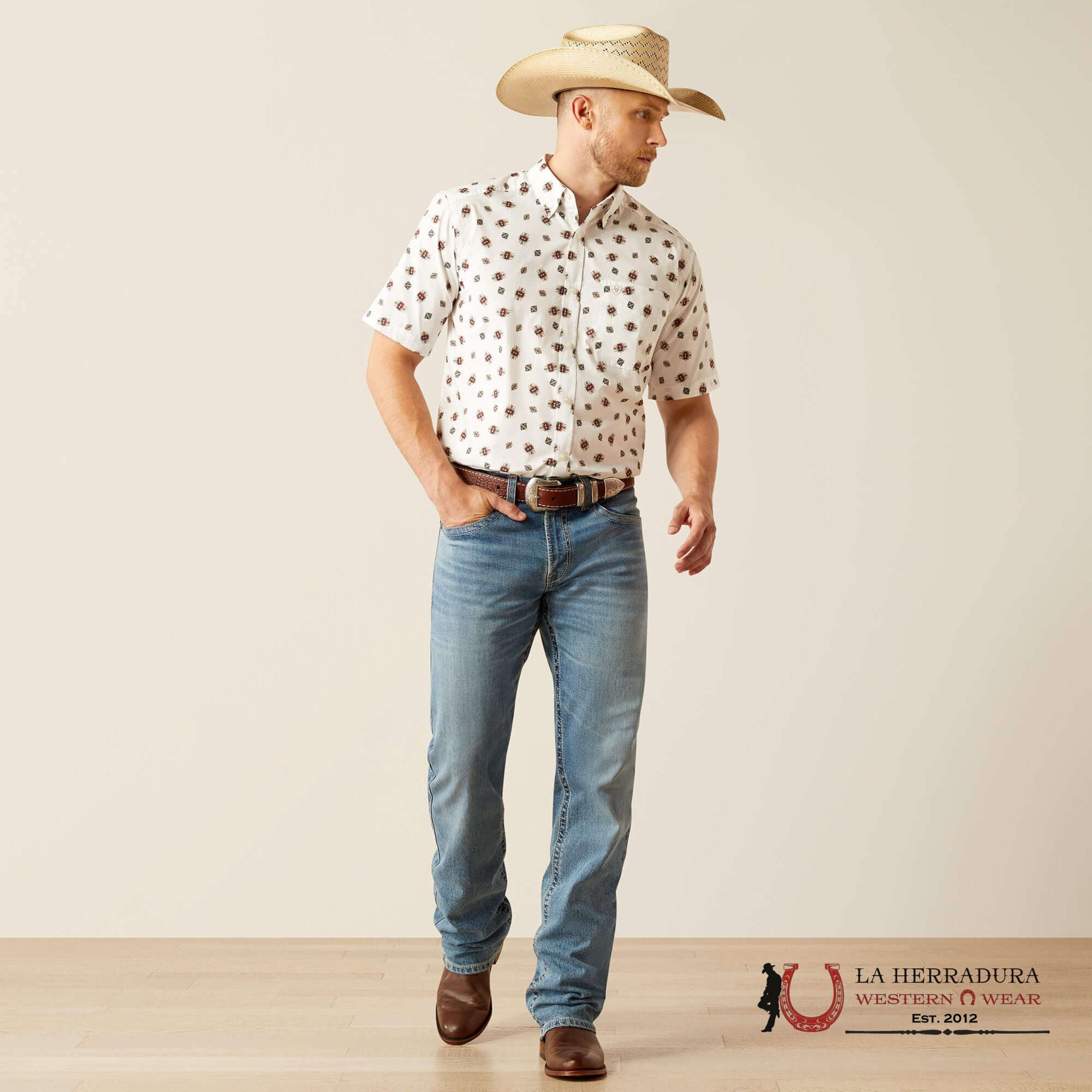 ARIAT MENS Westscott White Short Sleeve With Multi Color Aztec Print Shirt - 8748 ROPA HOMBRES
