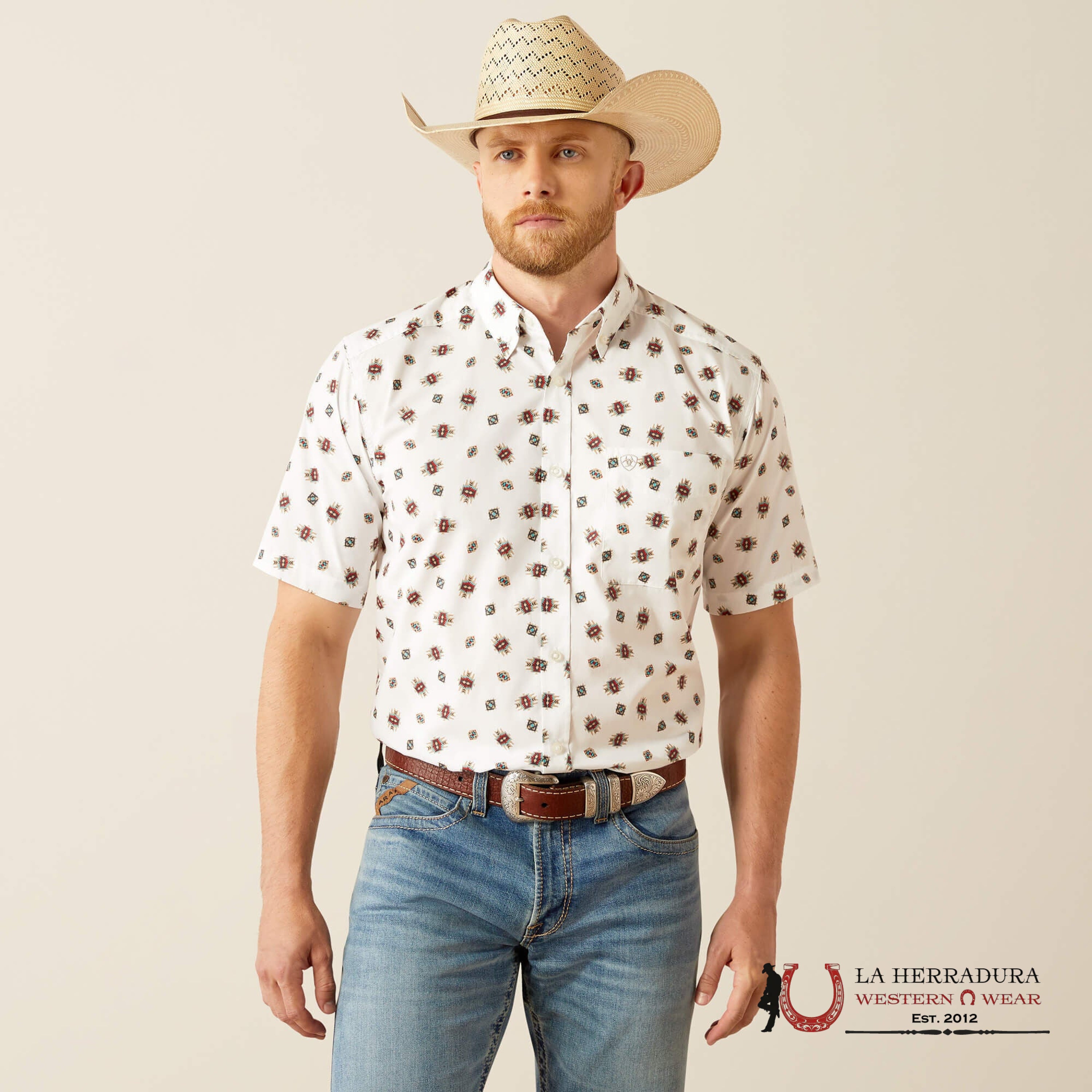 ARIAT MENS Westscott White Short Sleeve With Multi Color Aztec Print Shirt - 8748 ROPA HOMBRES