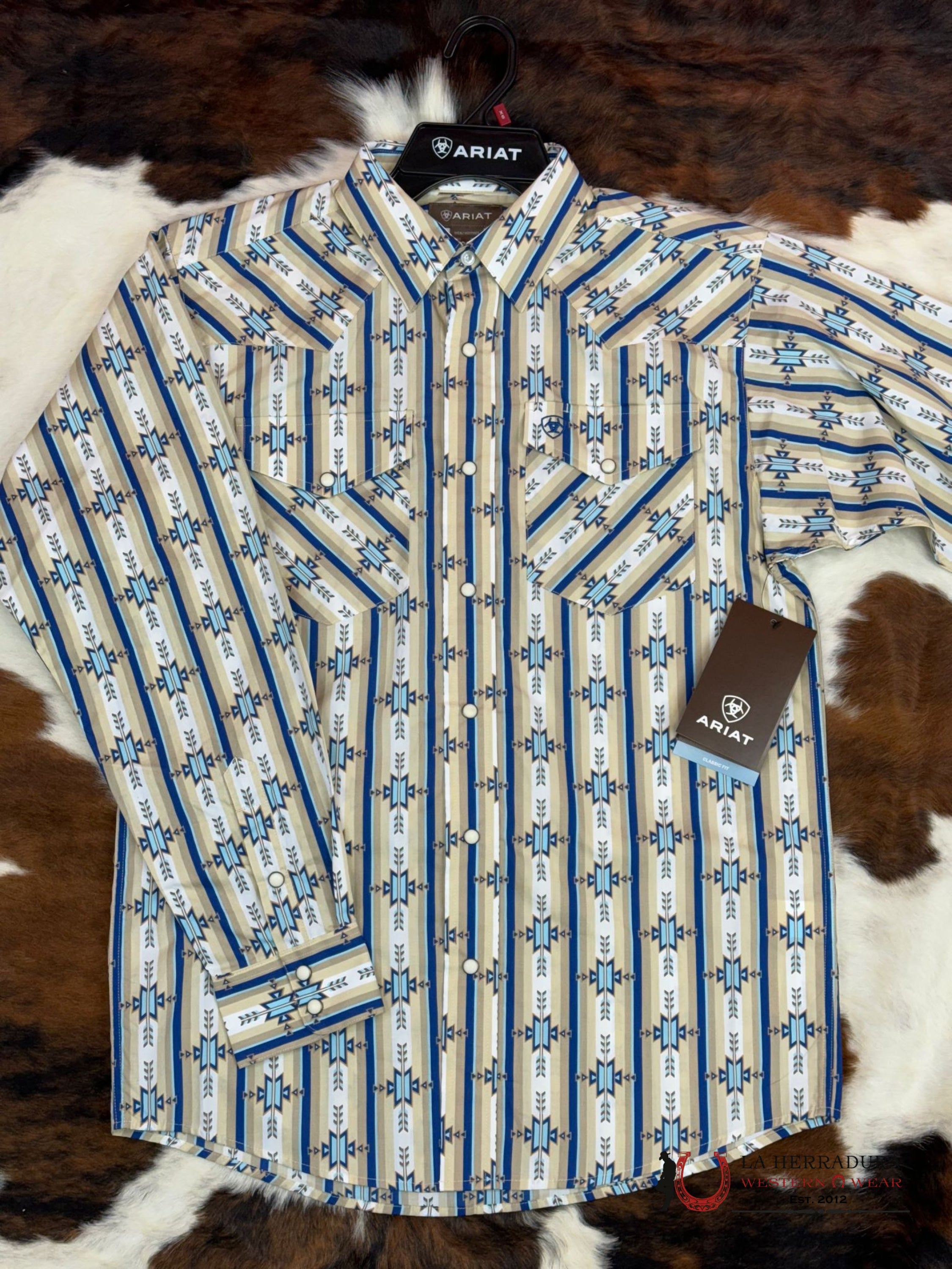 Ariat Shirt Classic Preston Snap Long Sleeve White Tan Aztec Ropa Hombres