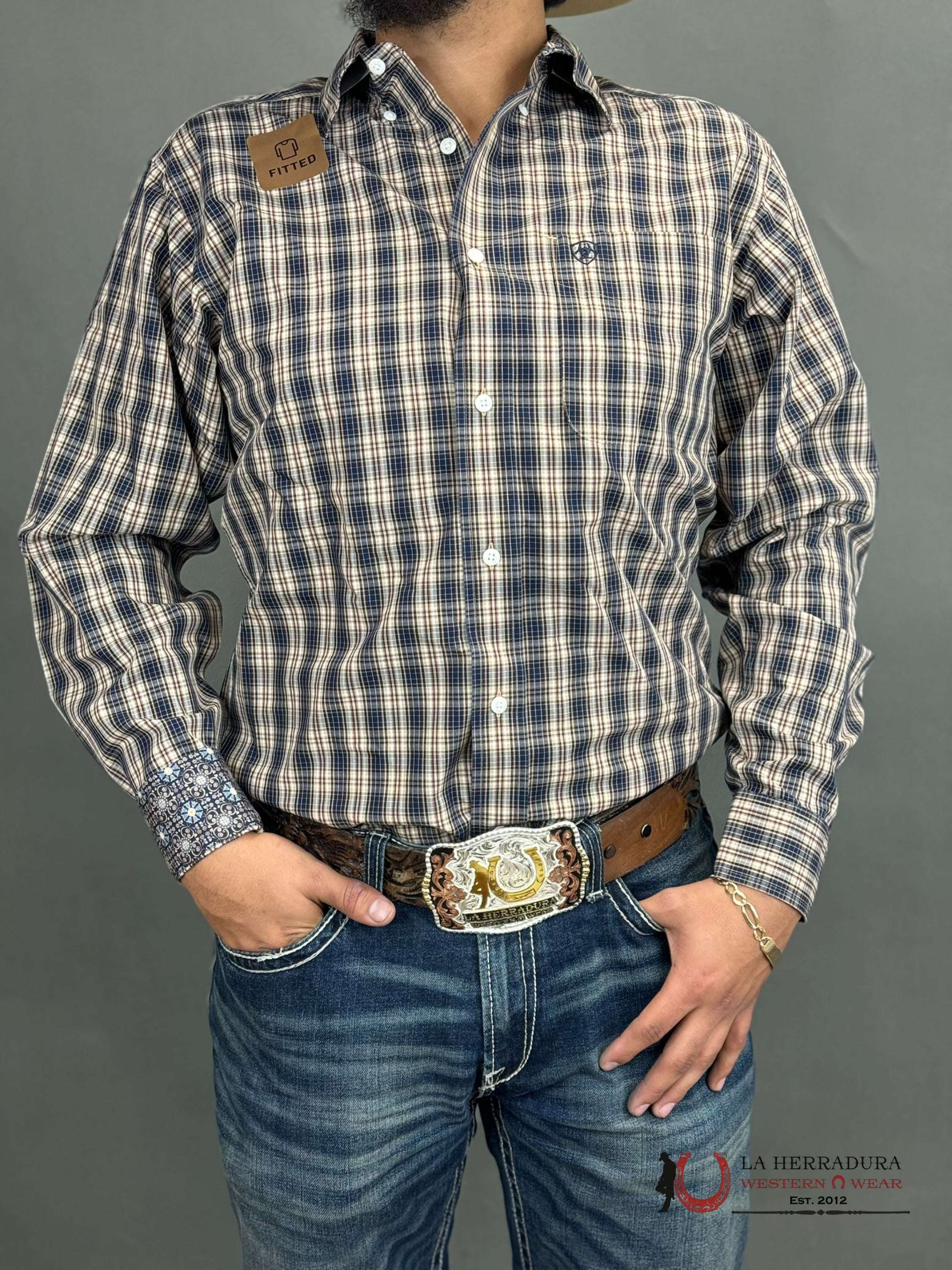 Ariat Shirt Fitted Kareem Plaid Brown Navy Ropa Hombres