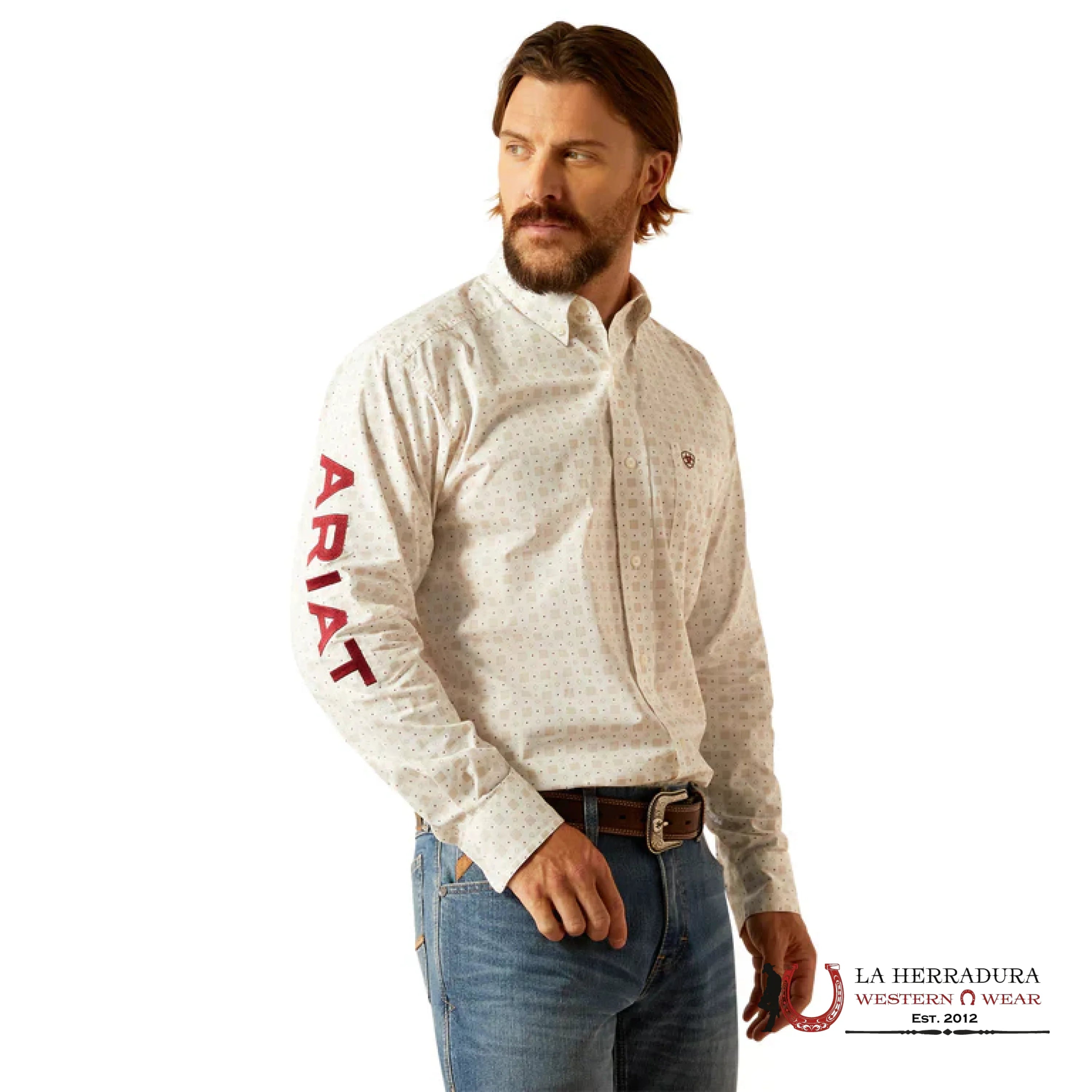 ARIAT TEAM KING LONG SLEEVE SHIRT WHITE/BRICK - 4639 ROPA HOMBRES