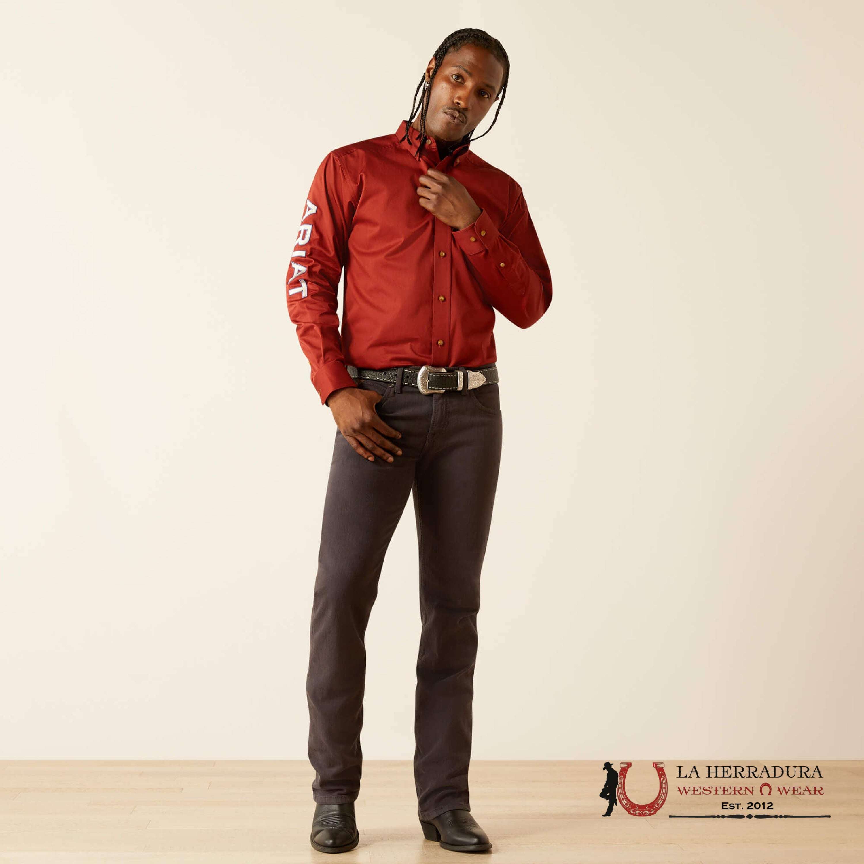 Ariat Team Logo Twill Long Sleeve Dark Red Khaki Ropa Hombres