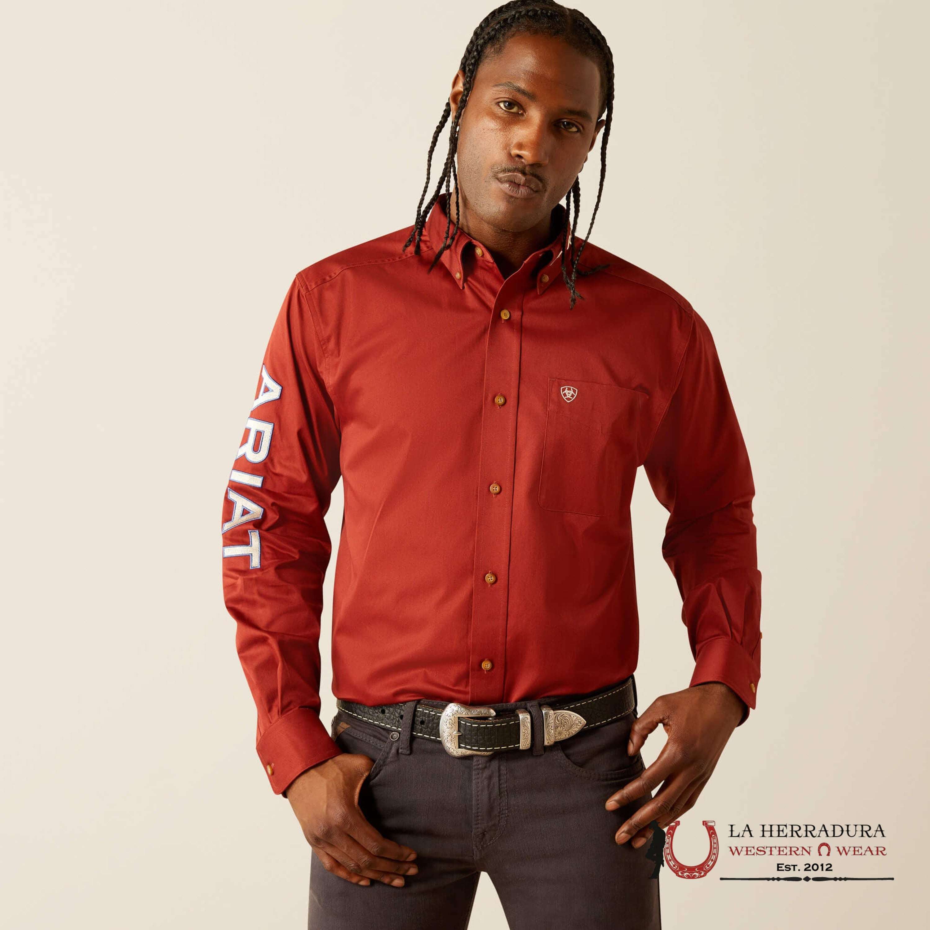 Ariat Team Logo Twill Long Sleeve Dark Red Khaki Ropa Hombres