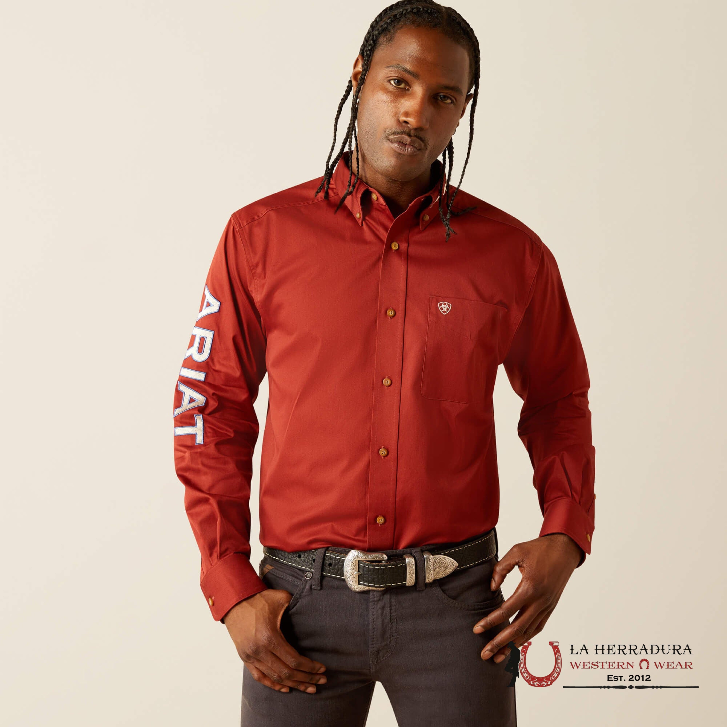 Ariat Team Logo Twill Long Sleeve Dark Red Khaki Ropa Hombres