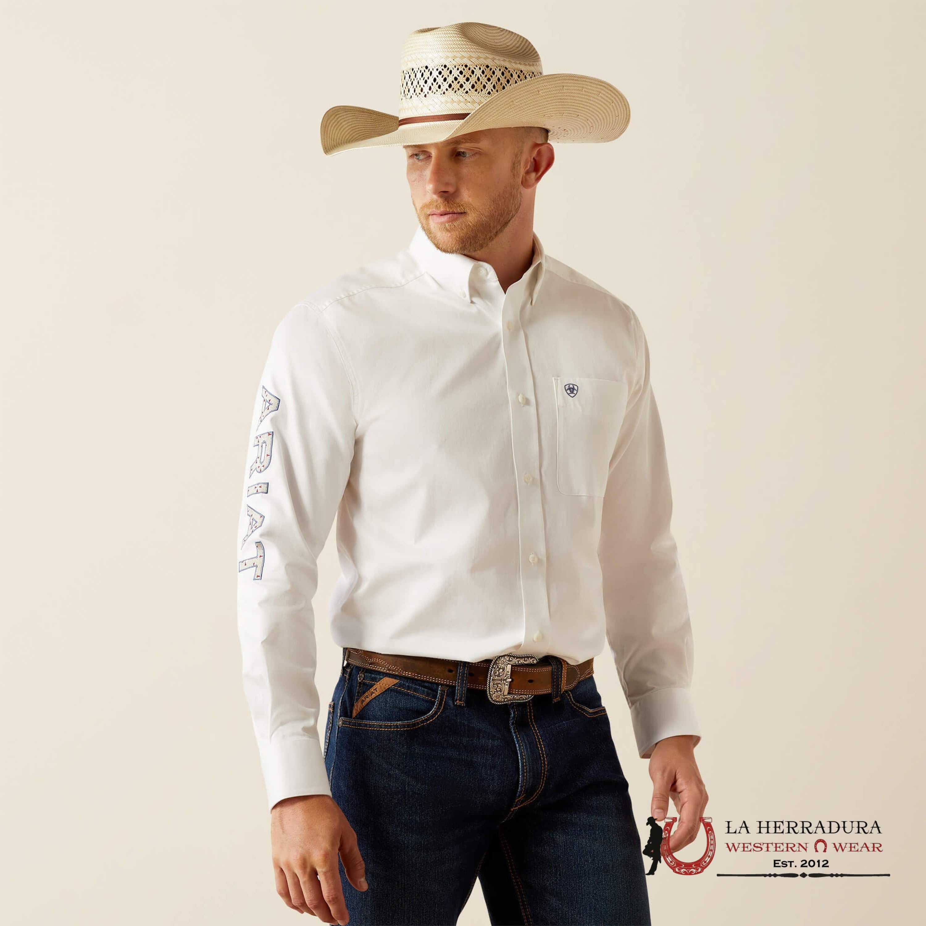 ARIAT TEAM LOGO TWILL LS SHRT WHITE/KHAKI 5286 ROPA HOMBRES