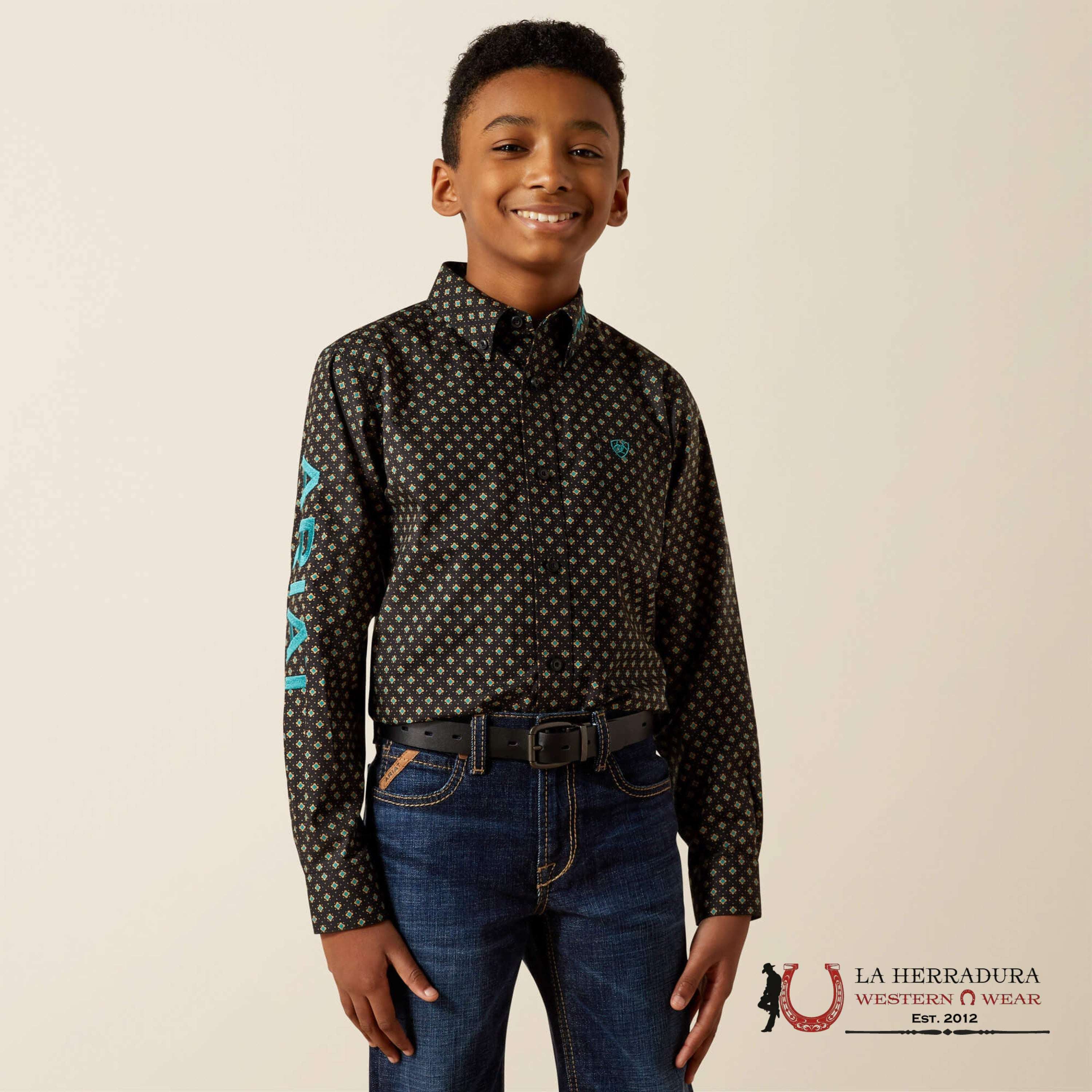 ARIAT TEAM PHILBERT BLACK/TEAL LS SHIRT 10062397 NIÑOS
