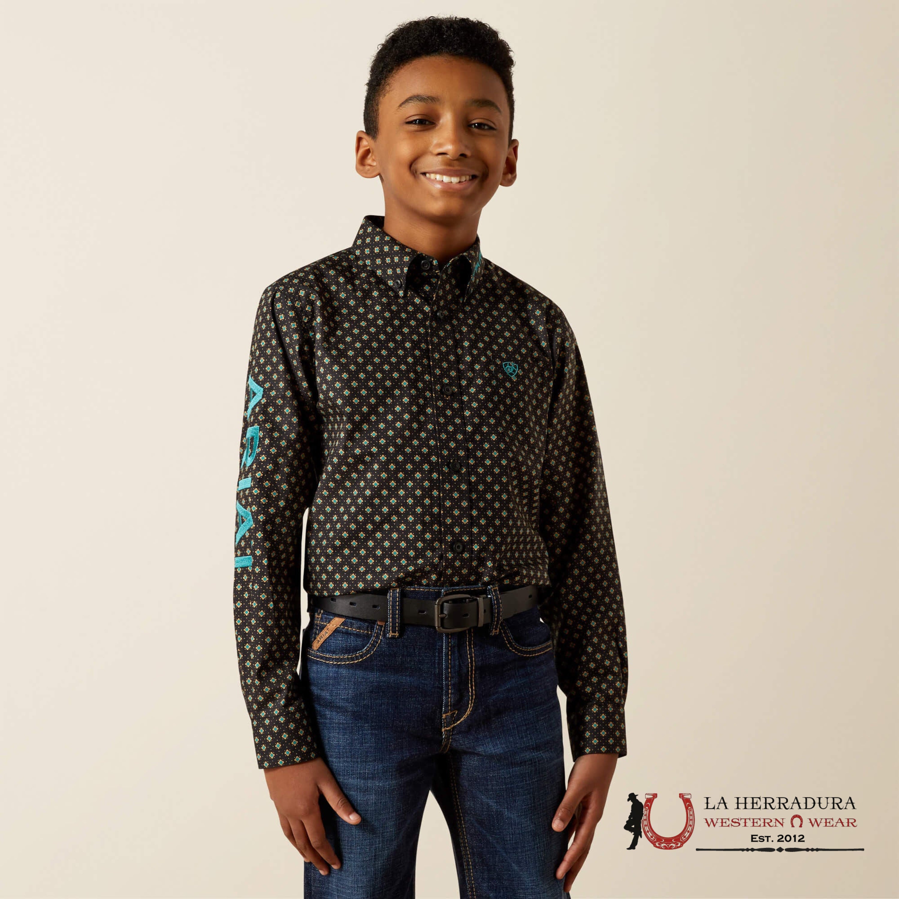 ARIAT TEAM PHILBERT BLACK/TEAL LS SHIRT 10062397 NIÑOS