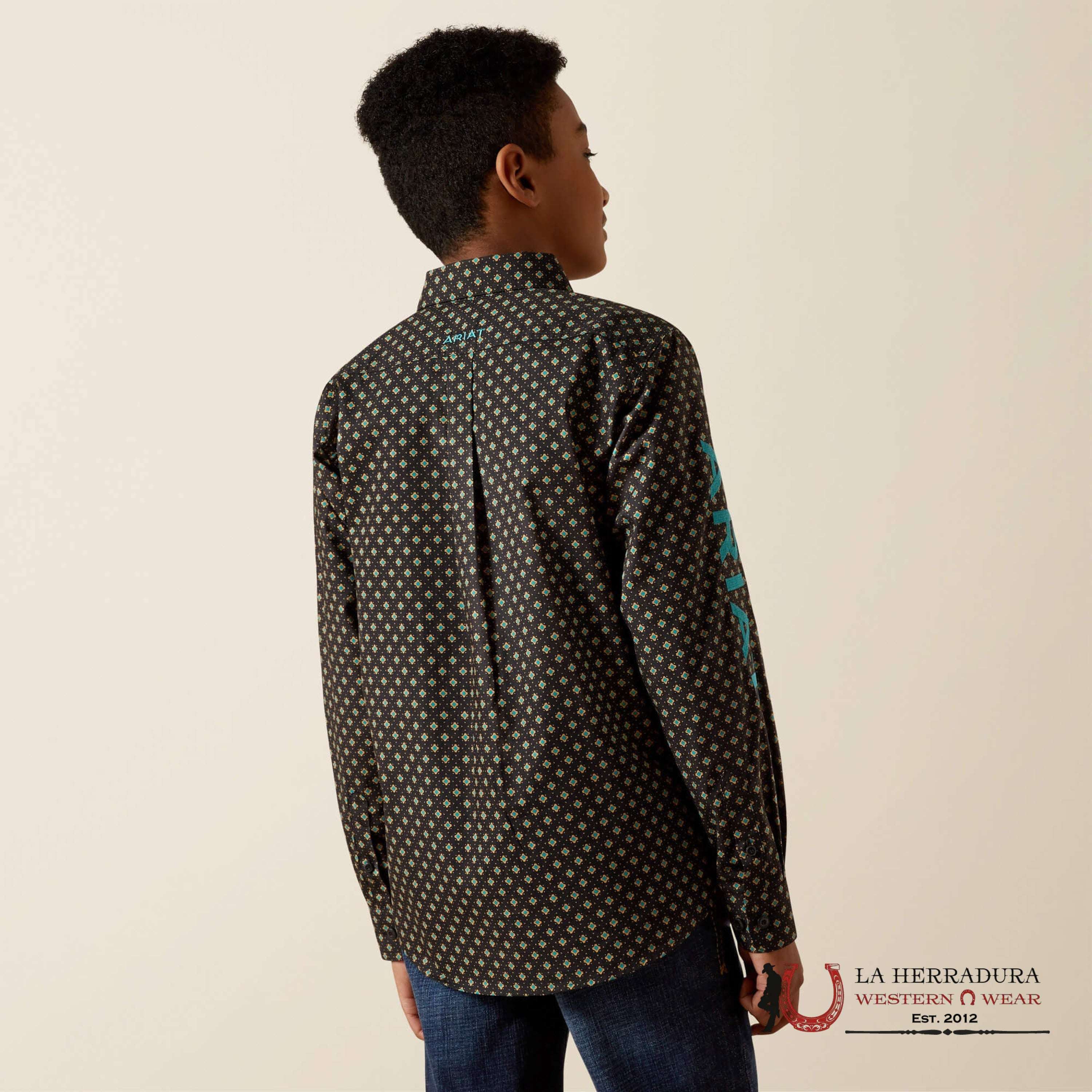 ARIAT TEAM PHILBERT BLACK/TEAL LS SHIRT 10062397 NIÑOS