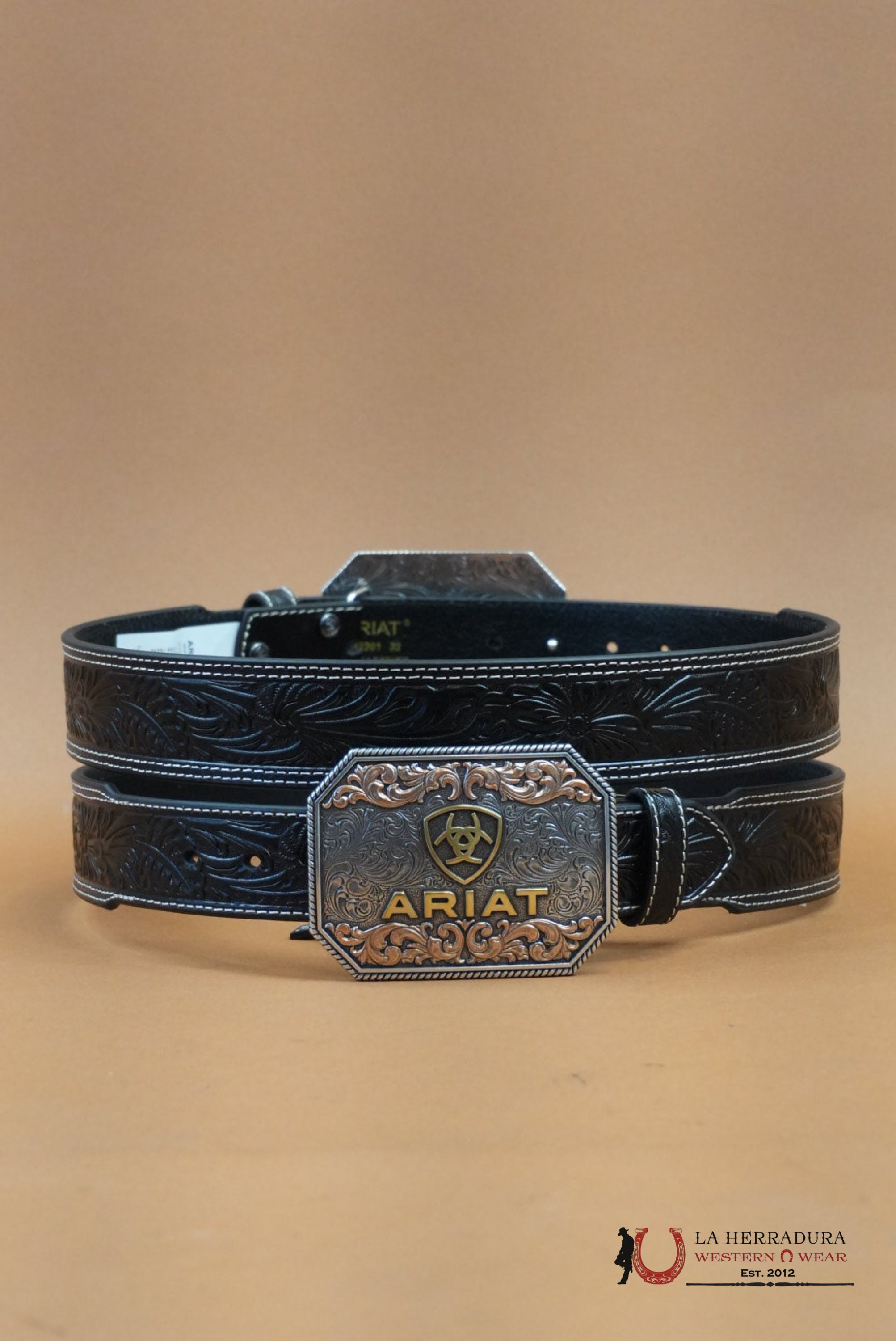 ARIAT UNISEX BELT HAND TOOLED BLACK SILVER/GOLD BUCKLE CINTURONES HOMBRES
