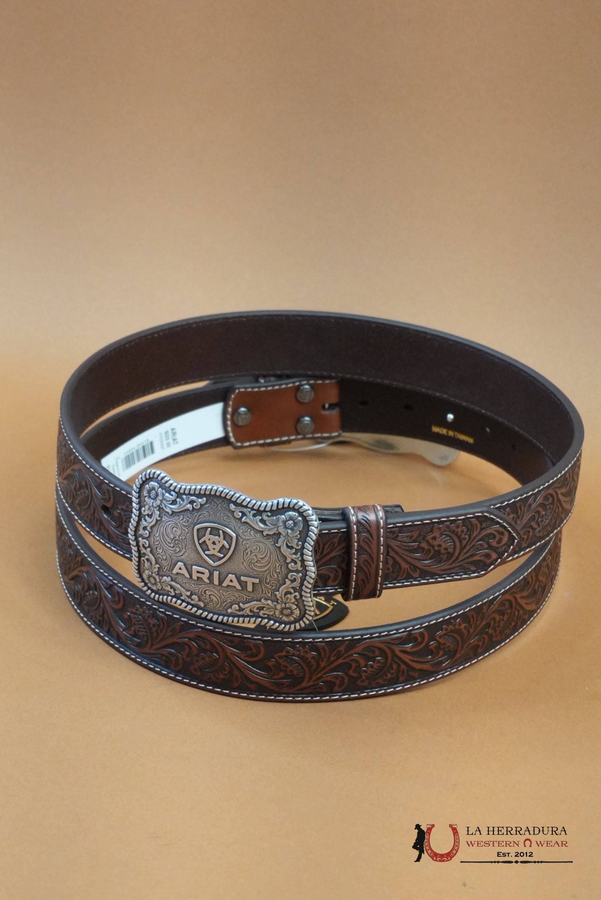 ARIAT UNISEX BELT HAND TOOLED DARK BROWN SILVER BUCKLE CINTURONES HOMBRES