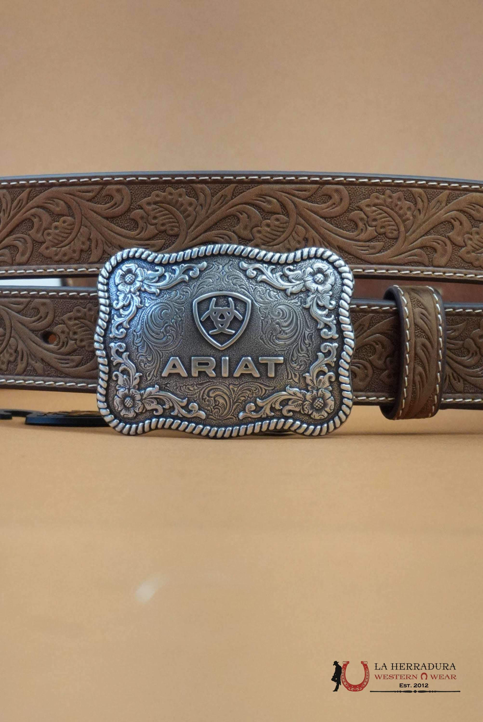 ARIAT UNISEX BELT HAND TOOLED LIGHT SAND SILVER BUCKLE CINTURONES HOMBRES